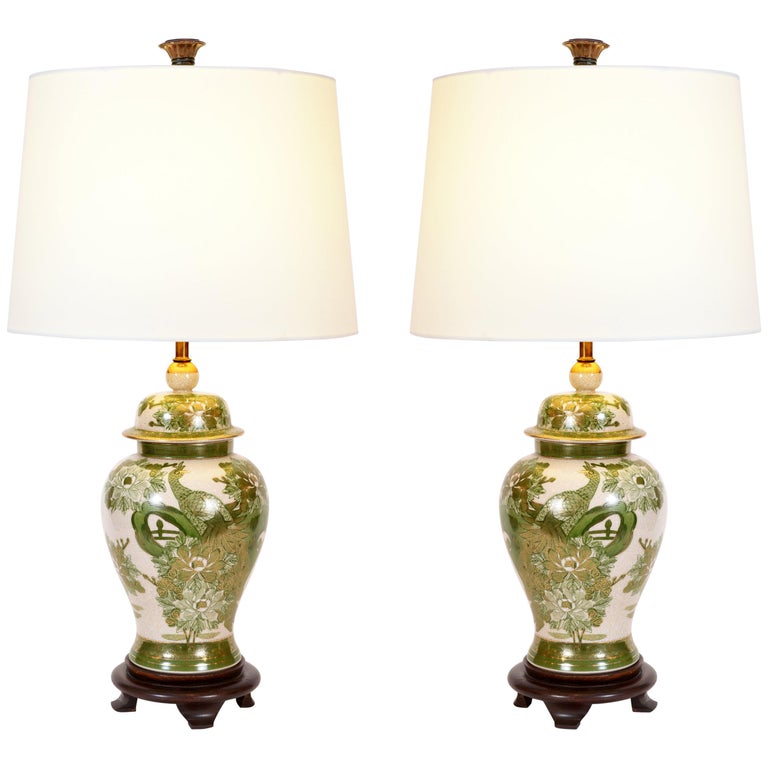 Vintage Pair Of Porcelain Task Table Lamps With Wood Base For