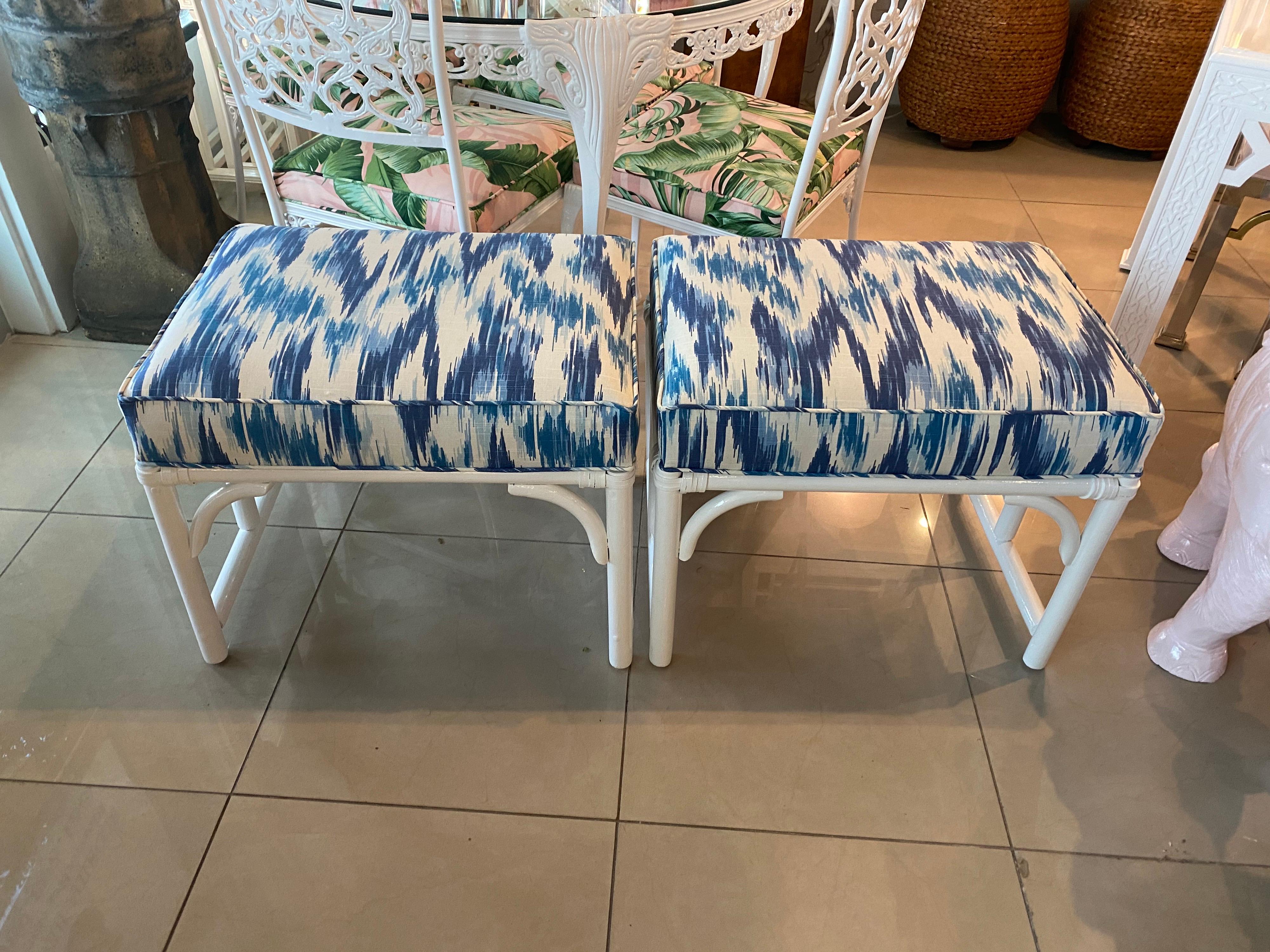 Vintage Pair of Rattan Bamboo White Lacquered Upholstered Blue Benches Stools 5