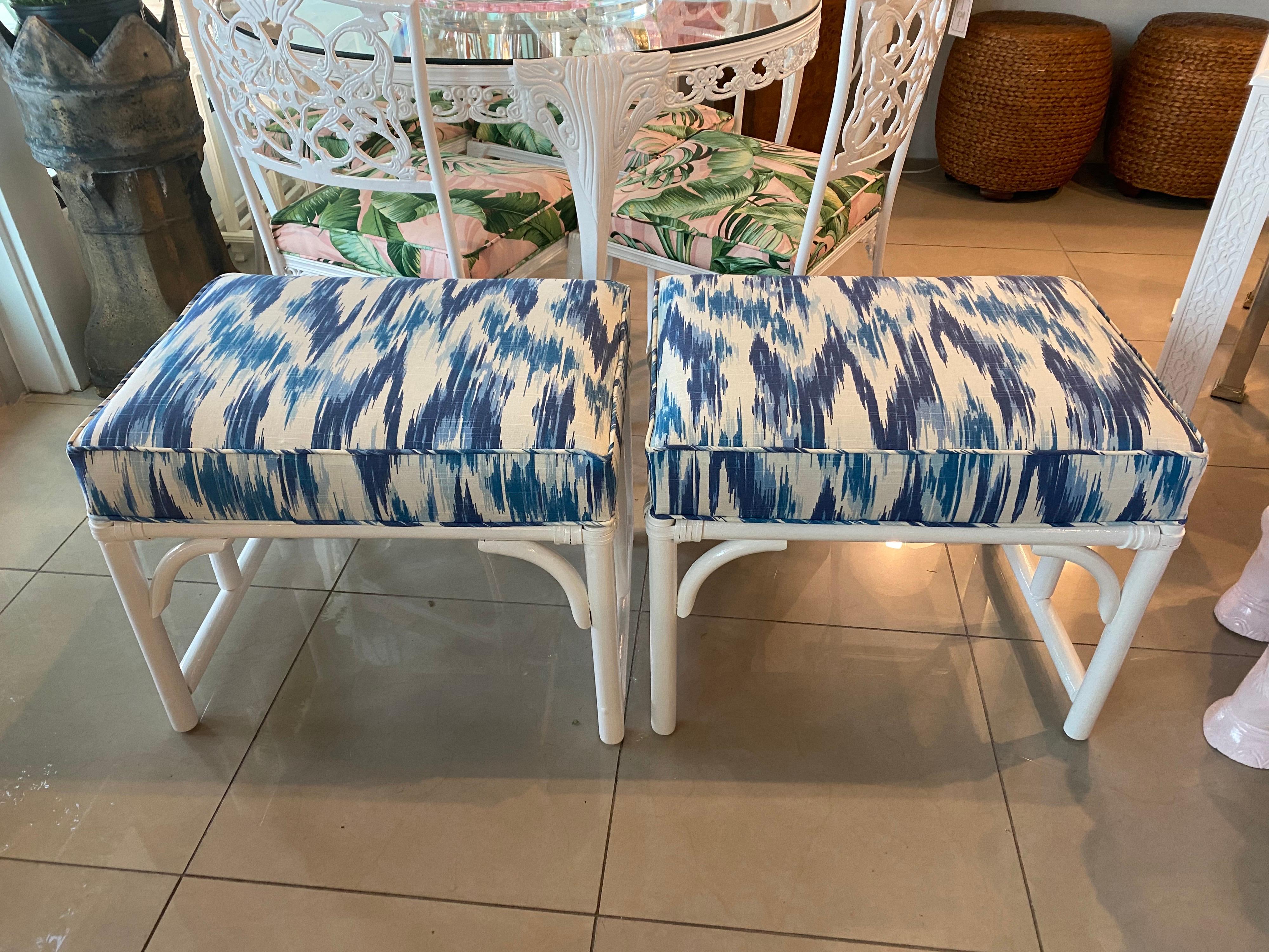 Vintage Pair of Rattan Bamboo White Lacquered Upholstered Blue Benches Stools 6