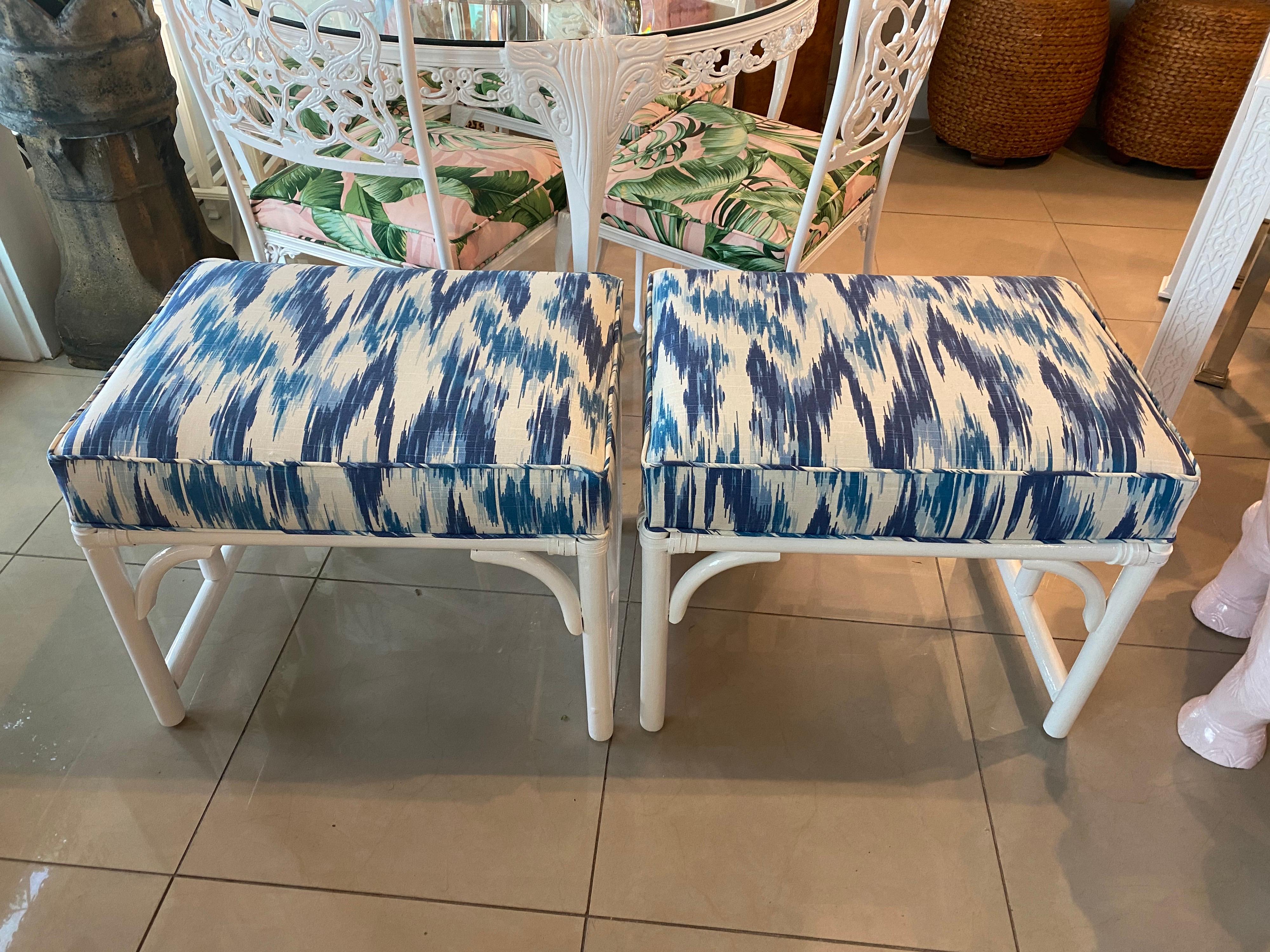 Vintage Pair of Rattan Bamboo White Lacquered Upholstered Blue Benches Stools 2