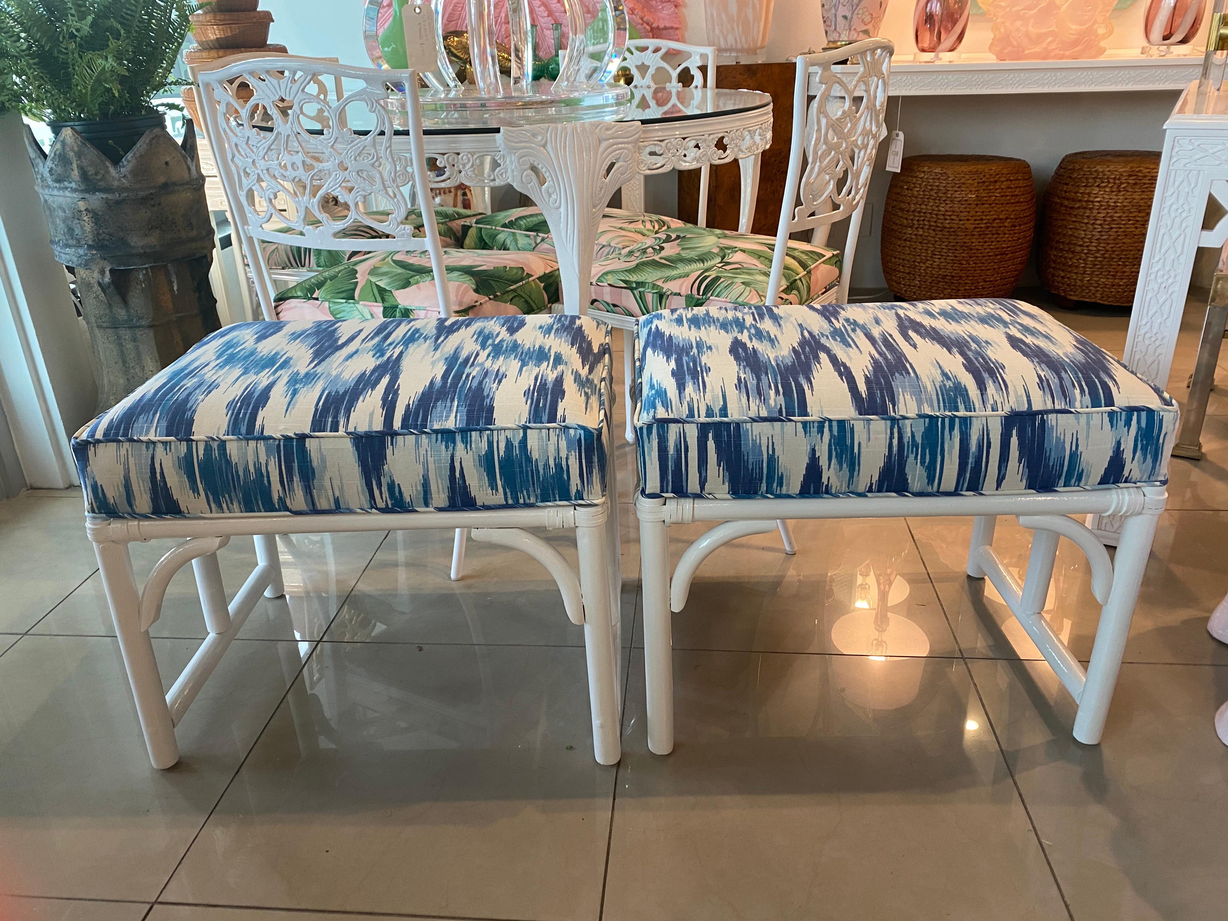 Vintage Pair of Rattan Bamboo White Lacquered Upholstered Blue Benches Stools 3