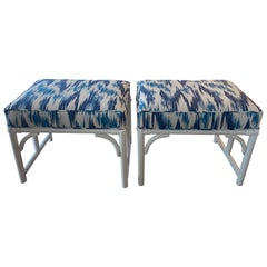 Vintage Pair of Rattan Bamboo White Lacquered Upholstered Blue Benches Stools