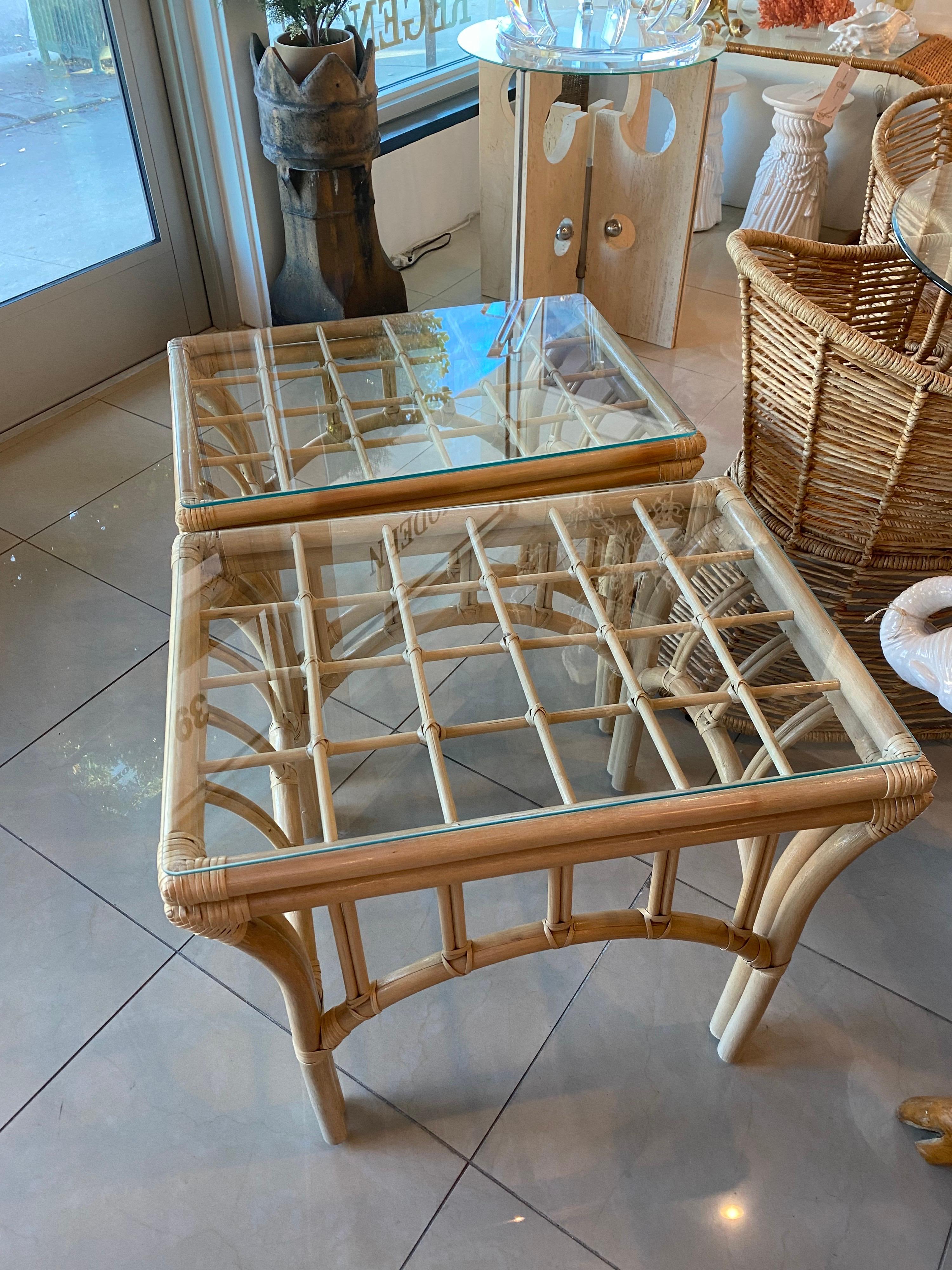 Vintage Pair of Rattan End Side Tables Glass Top For Sale 6