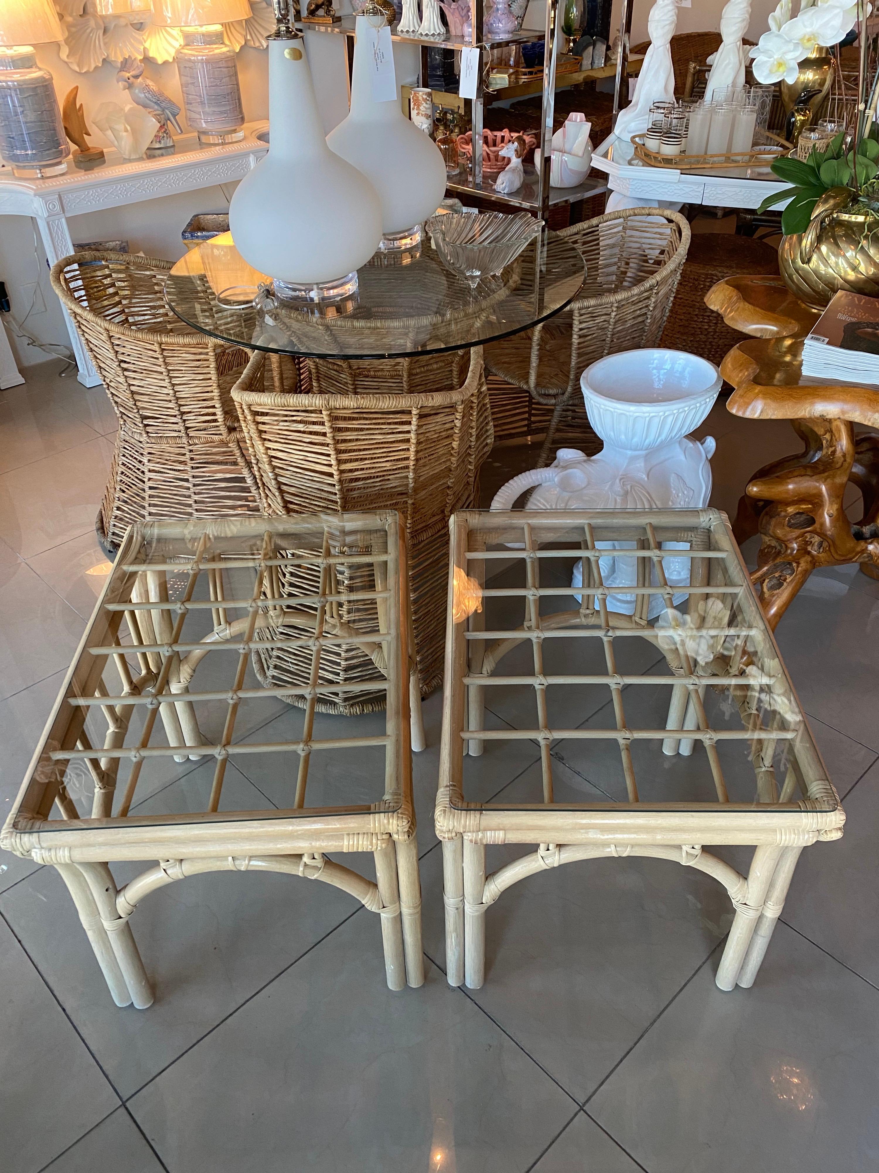 Vintage Pair of Rattan End Side Tables Glass Top For Sale 7