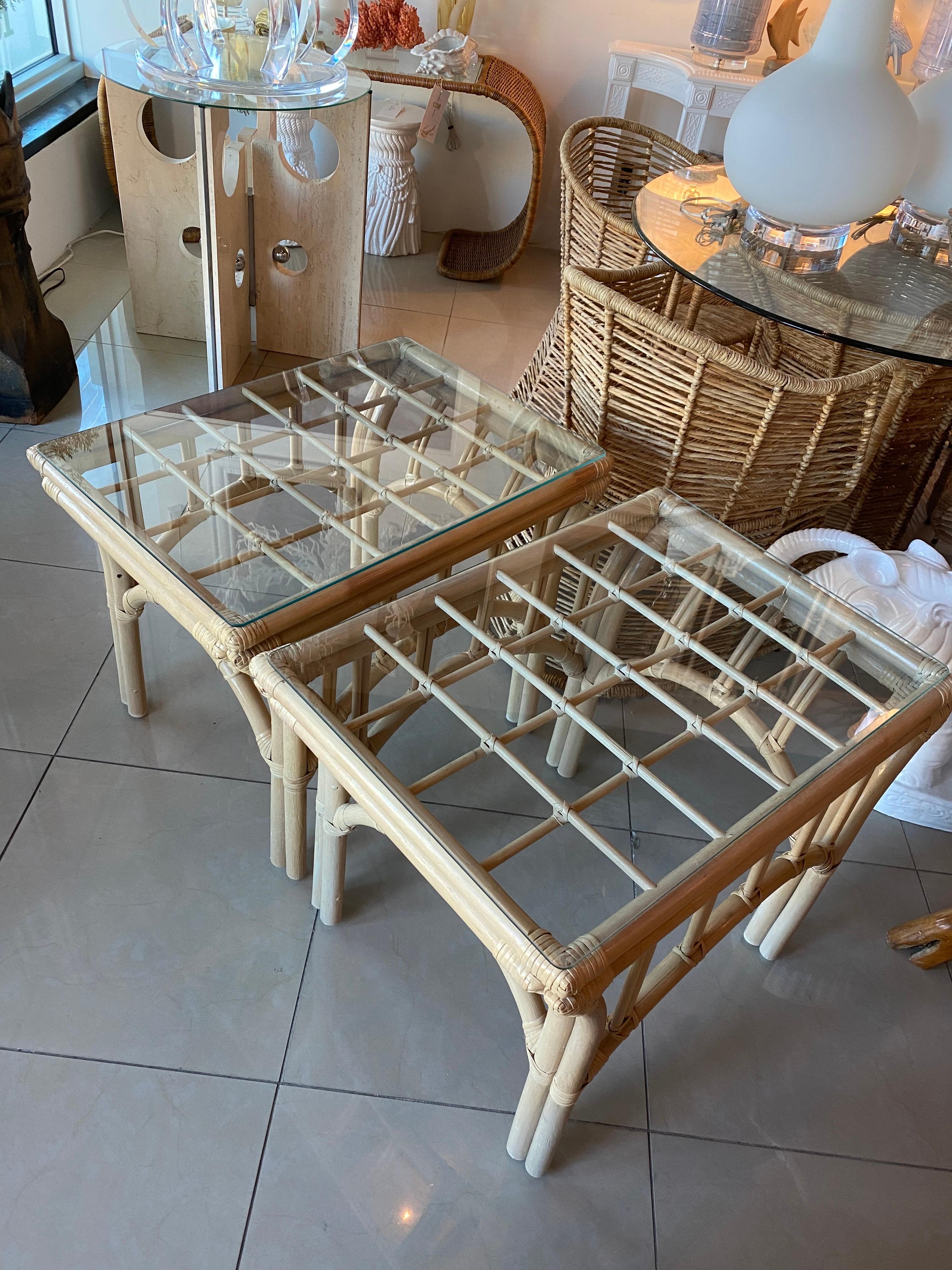 Vintage Pair of Rattan End Side Tables Glass Top For Sale 9