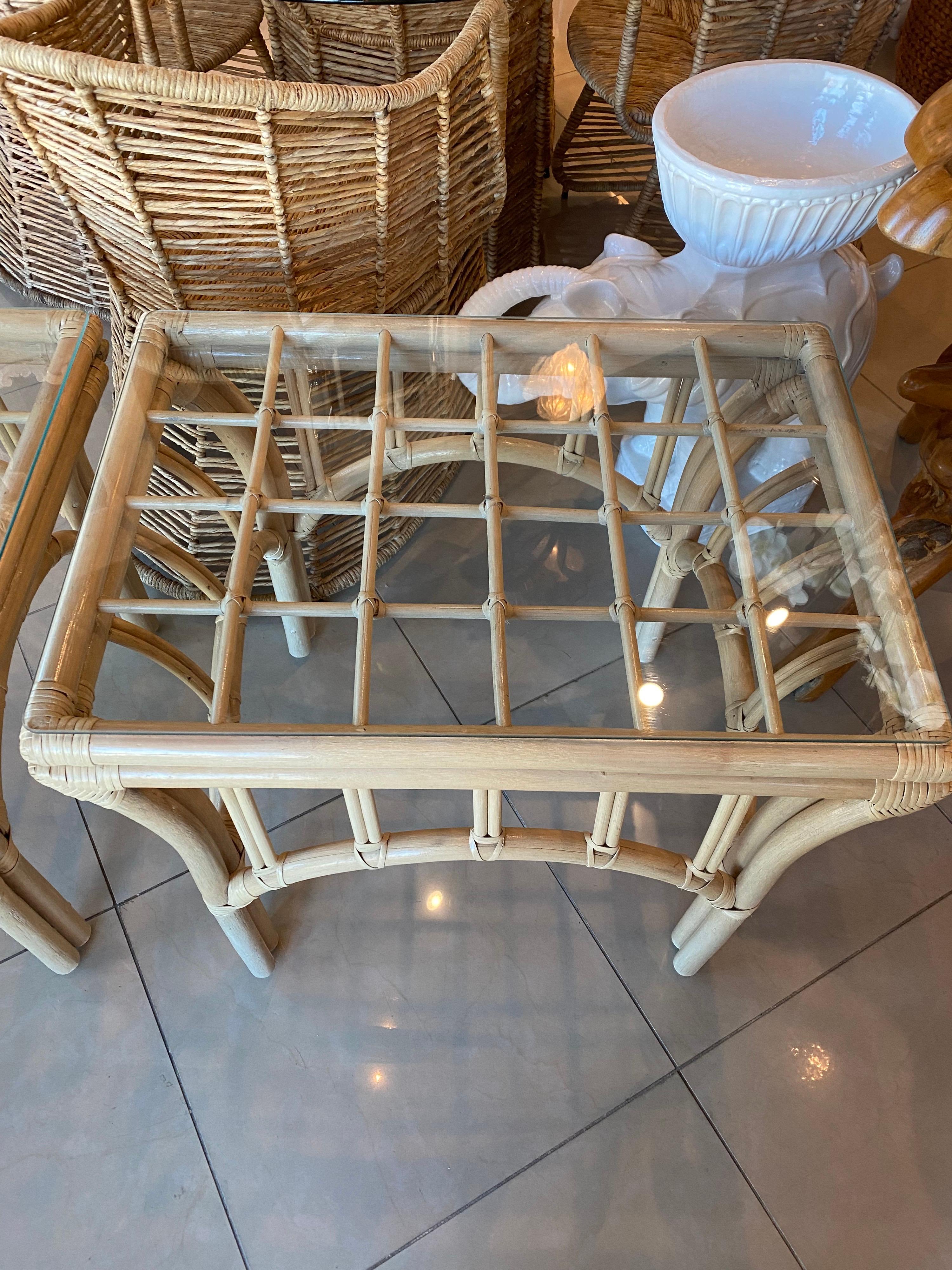 American Vintage Pair of Rattan End Side Tables Glass Top For Sale