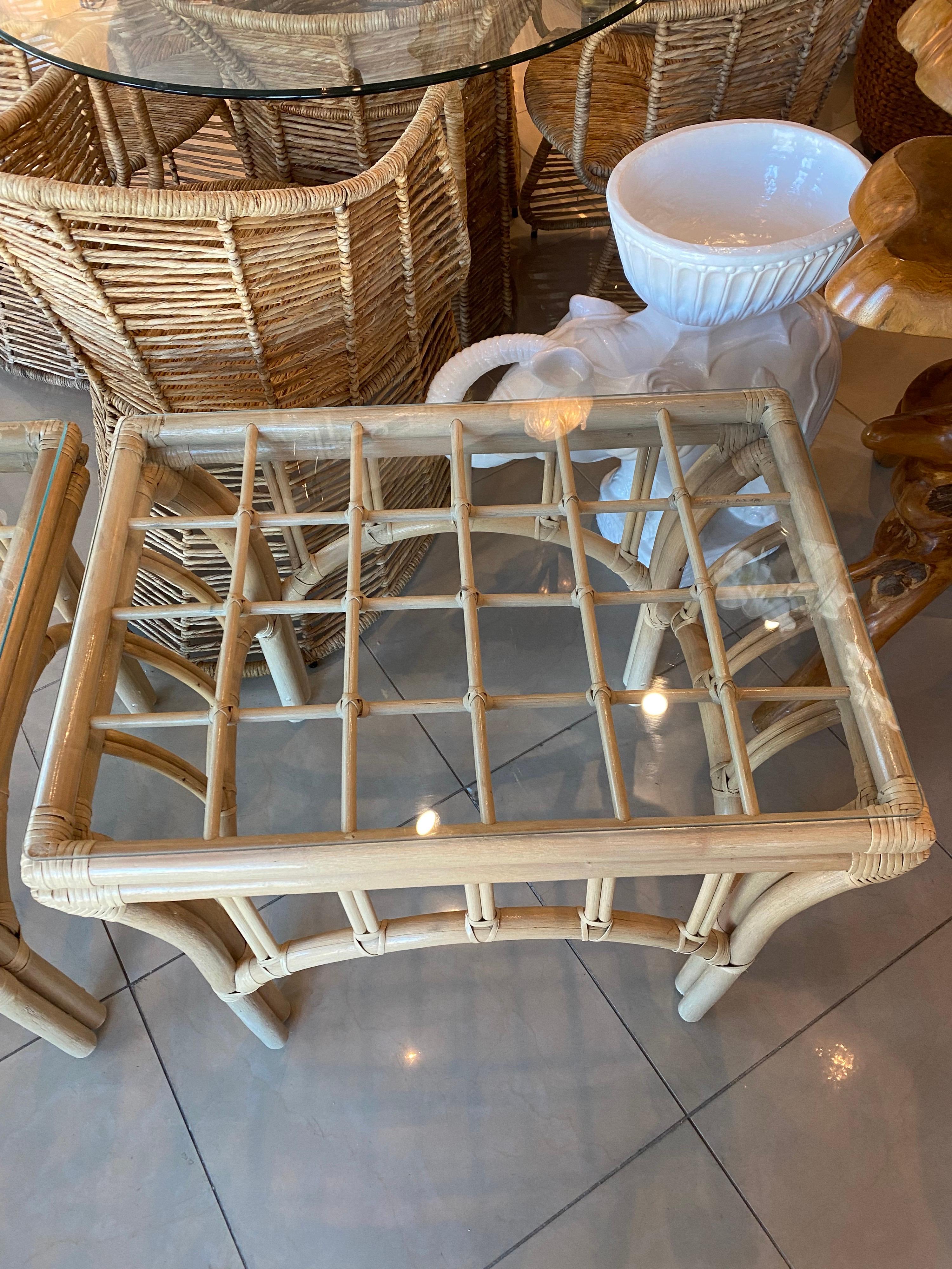 Late 20th Century Vintage Pair of Rattan End Side Tables Glass Top For Sale