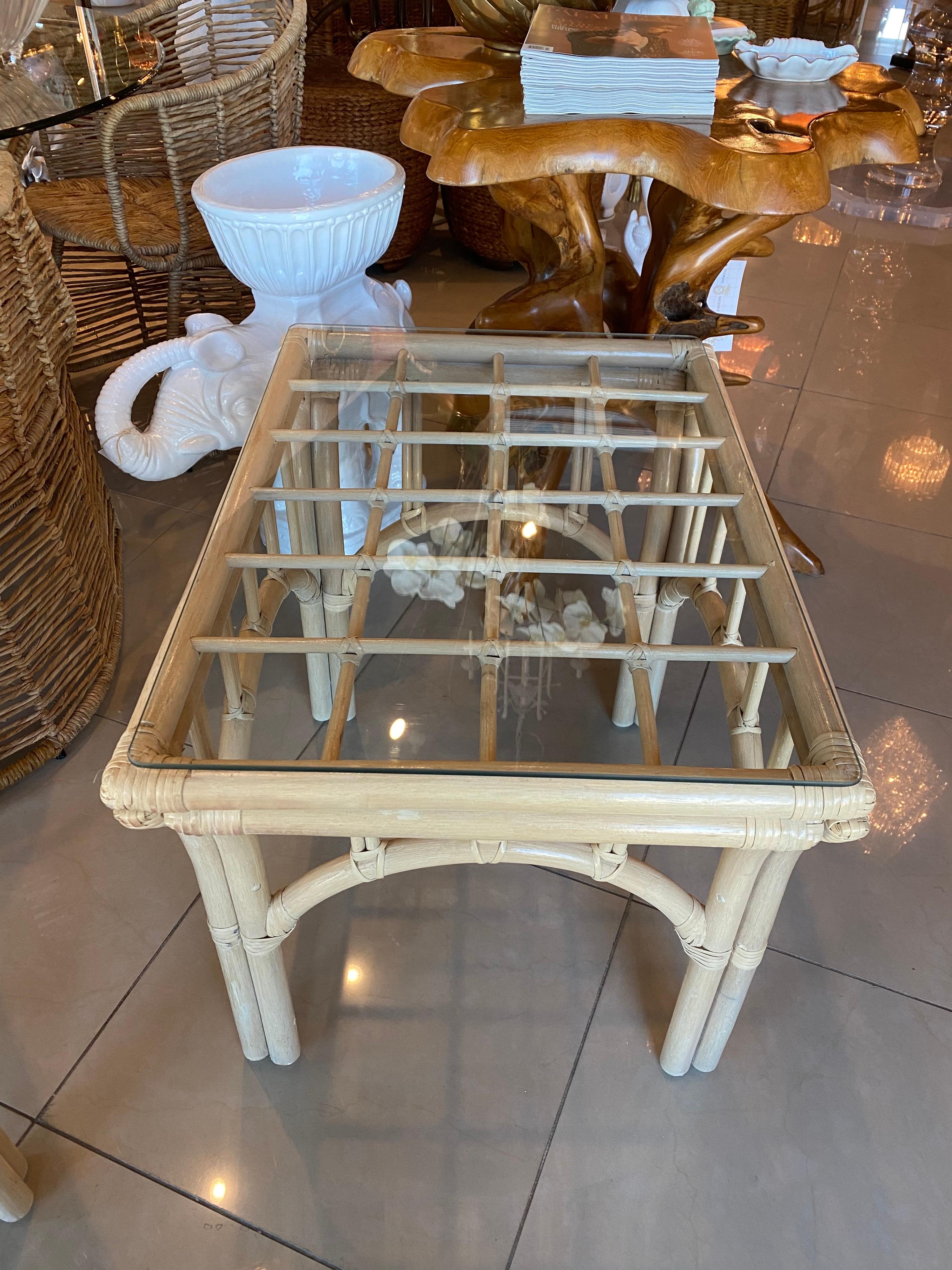 Vintage Pair of Rattan End Side Tables Glass Top For Sale 2