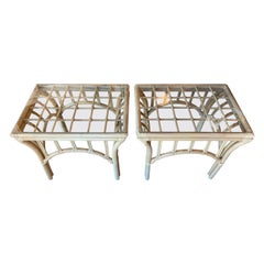 Vintage Pair of Rattan End Side Tables Glass Top
