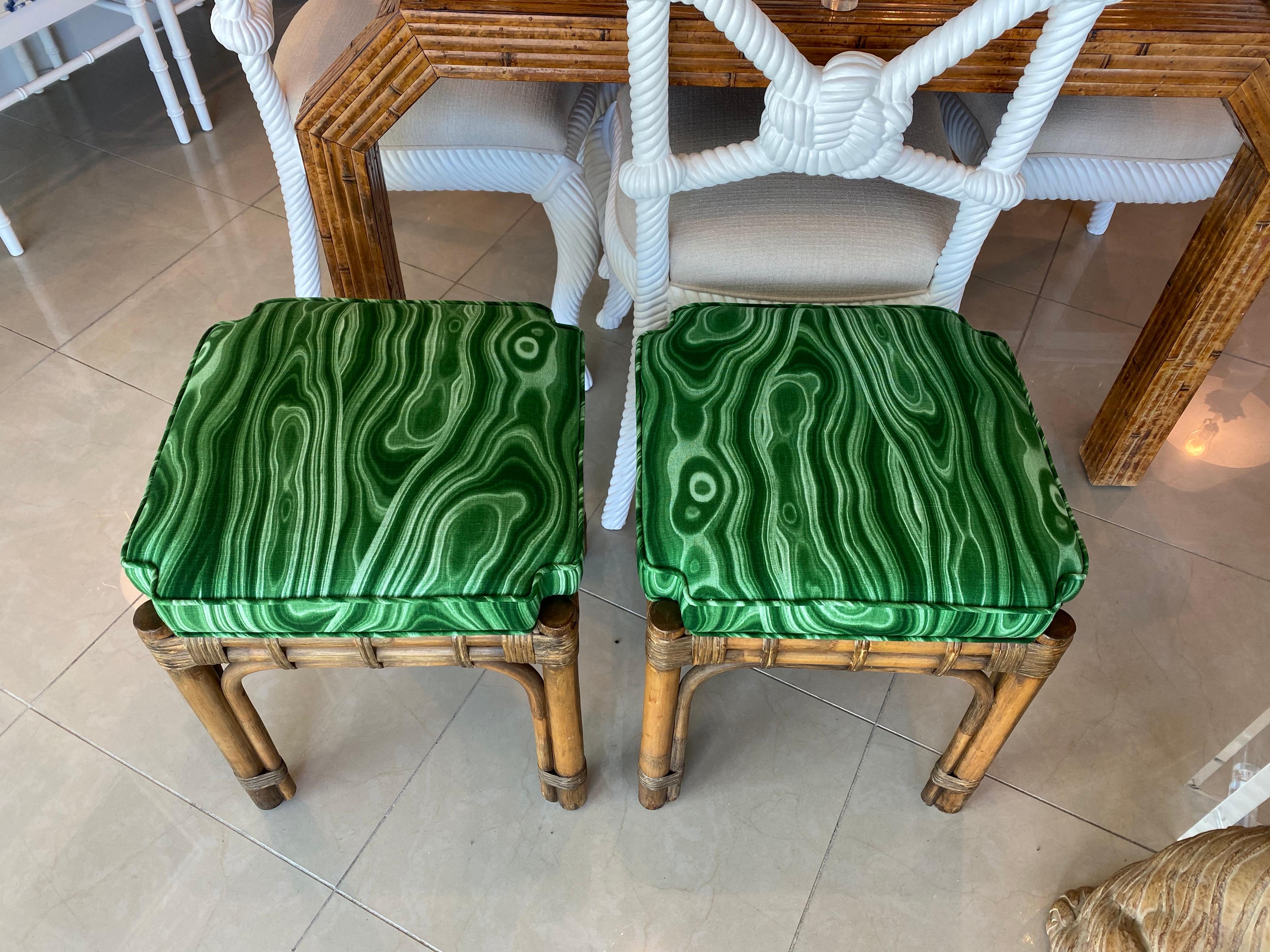 Vintage Pair of Rattan Malachite Newly Upholstered Benches Stools 3
