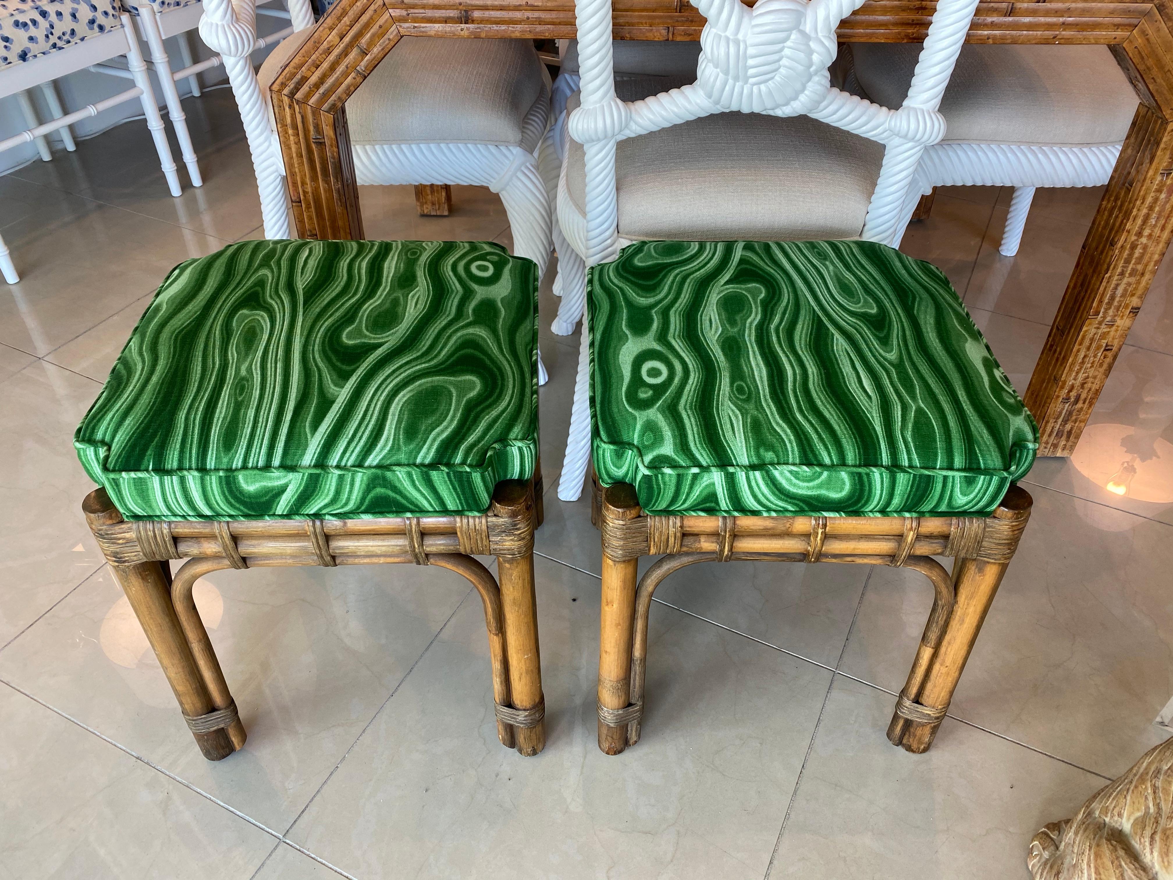 Vintage Pair of Rattan Malachite Newly Upholstered Benches Stools 4