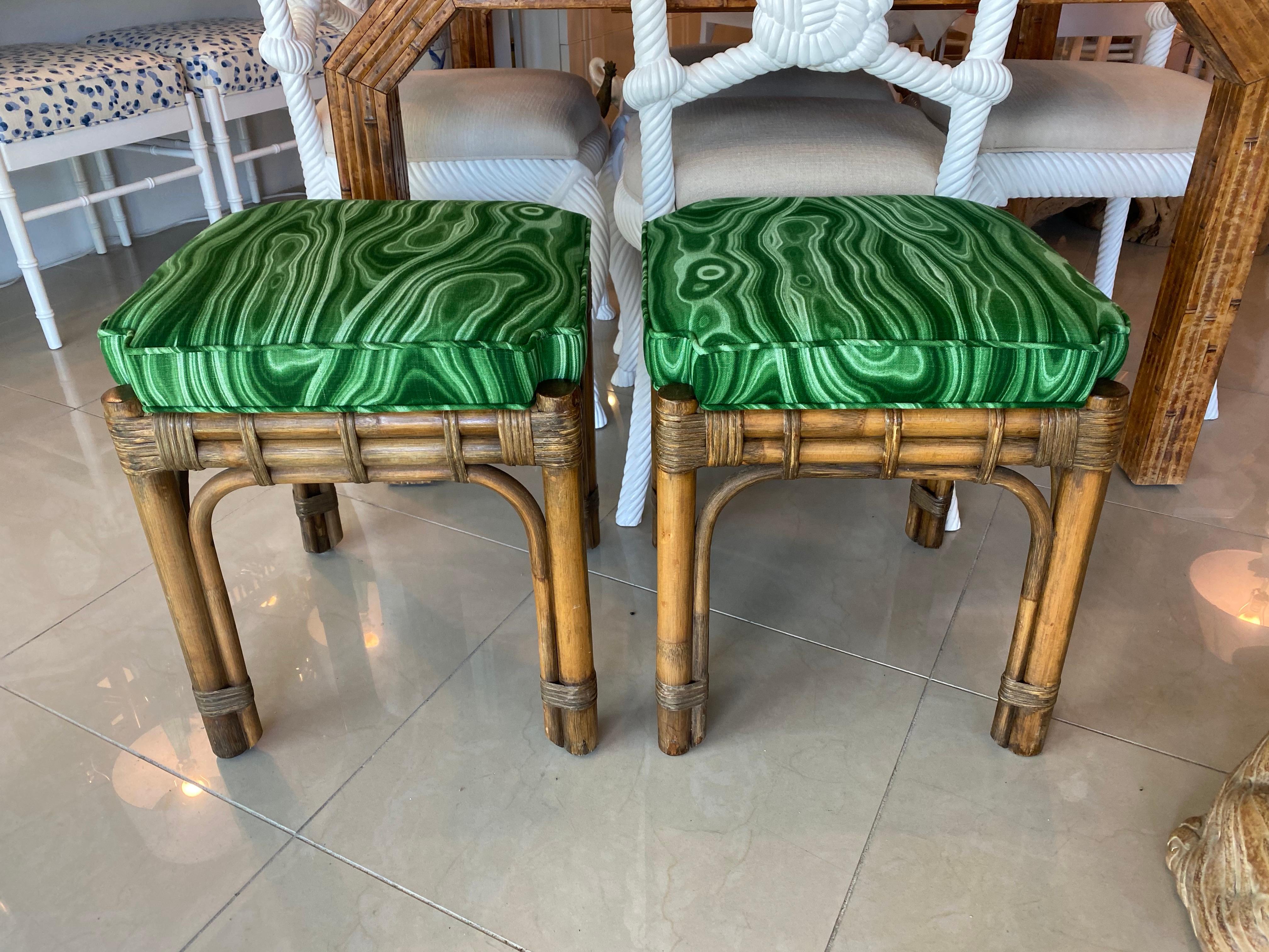 Vintage Pair of Rattan Malachite Newly Upholstered Benches Stools 5