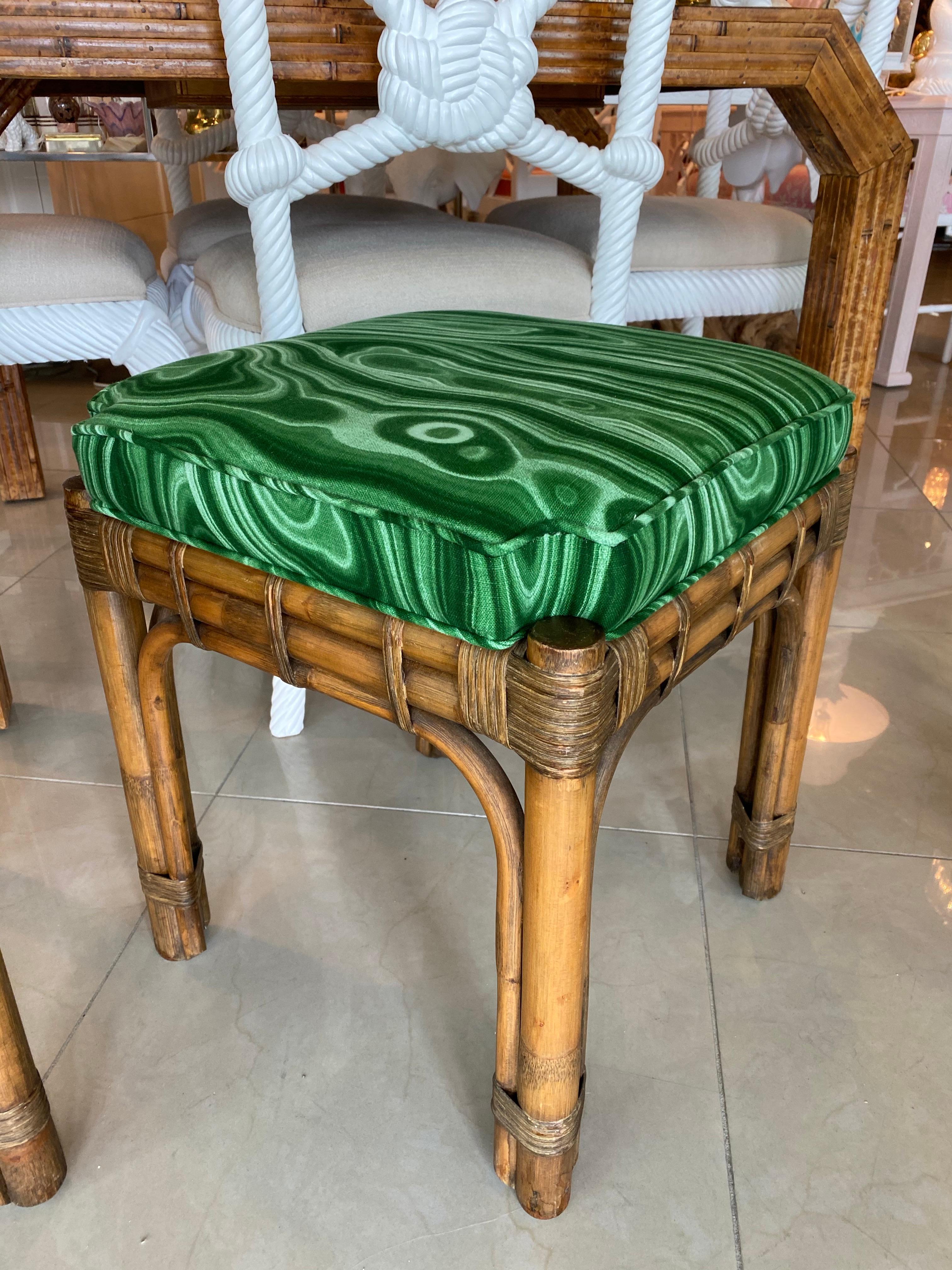 Vintage Pair of Rattan Malachite Newly Upholstered Benches Stools 6