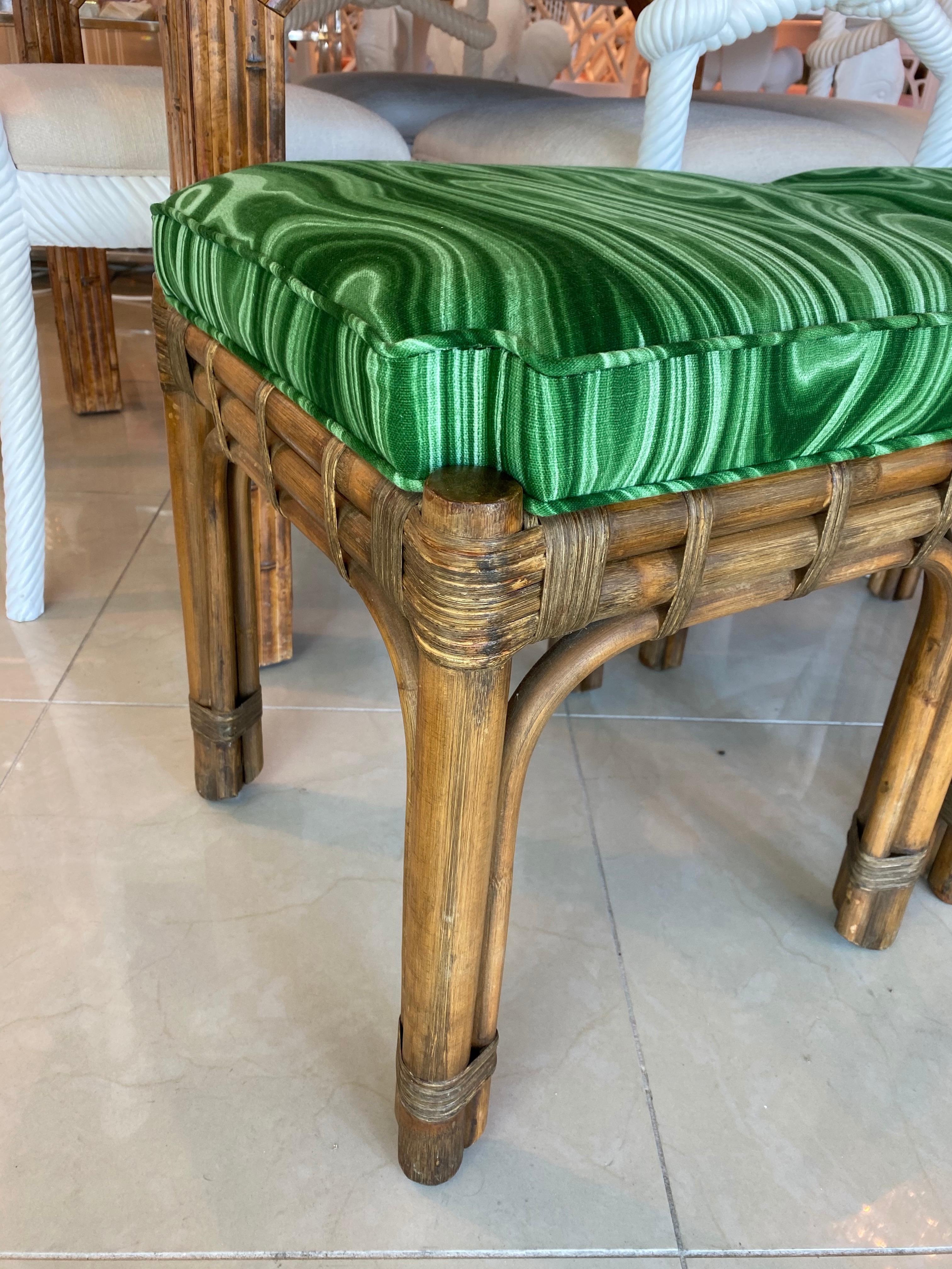 Hollywood Regency Vintage Pair of Rattan Malachite Newly Upholstered Benches Stools