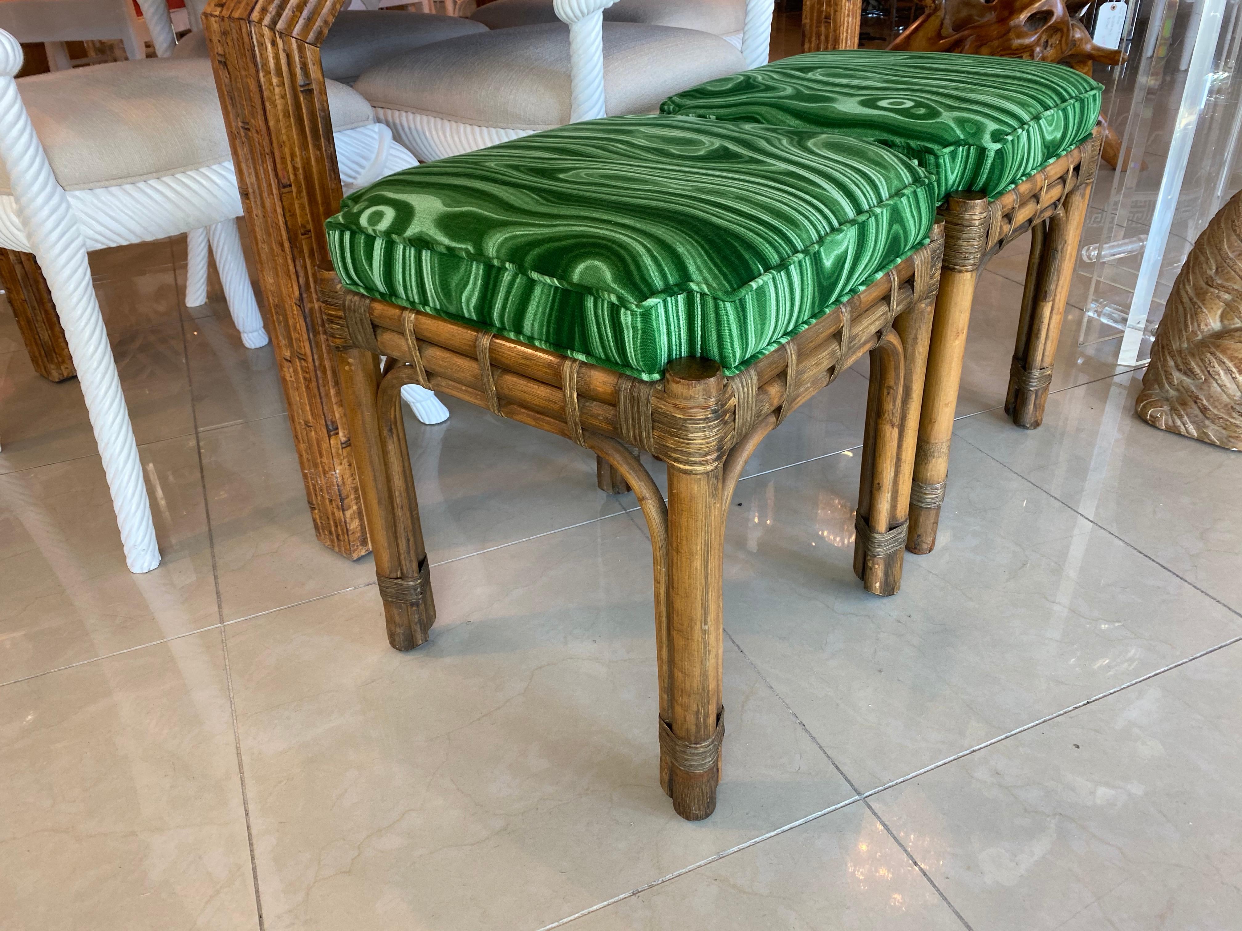 American Vintage Pair of Rattan Malachite Newly Upholstered Benches Stools