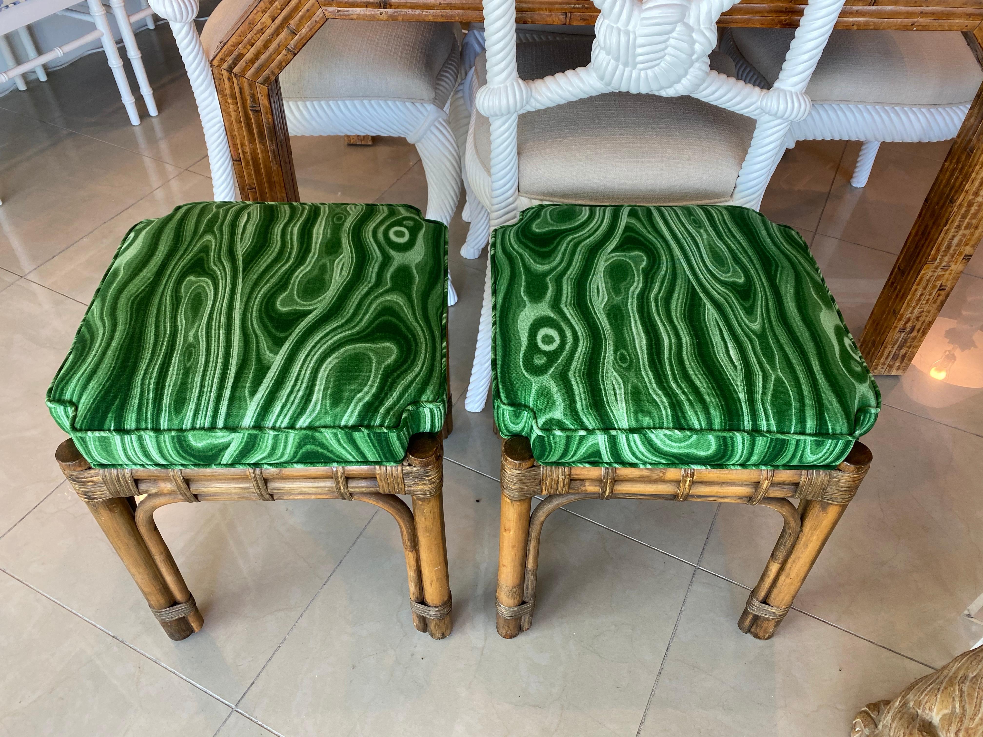 Vintage Pair of Rattan Malachite Newly Upholstered Benches Stools In Good Condition In West Palm Beach, FL