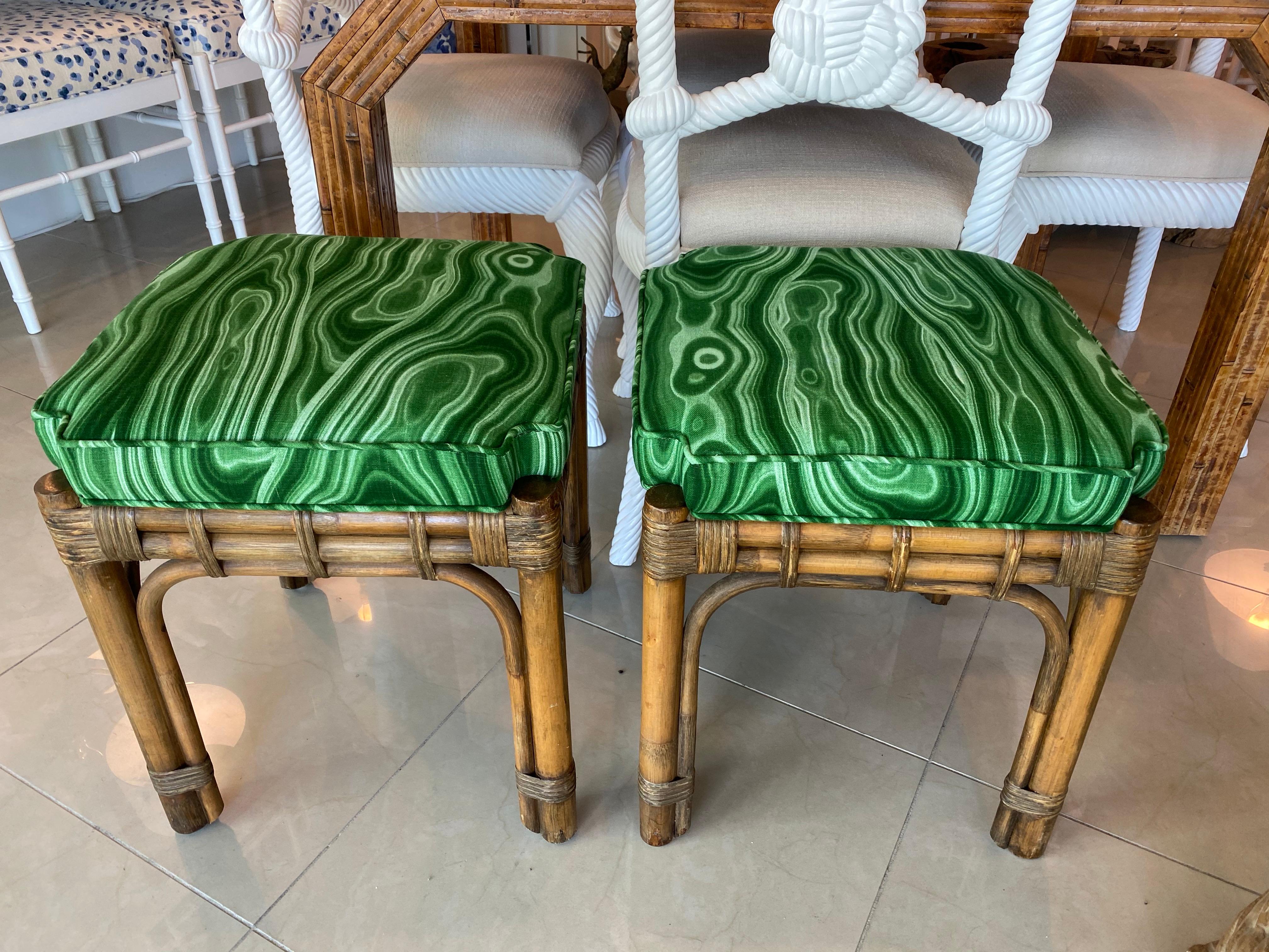 Late 20th Century Vintage Pair of Rattan Malachite Newly Upholstered Benches Stools