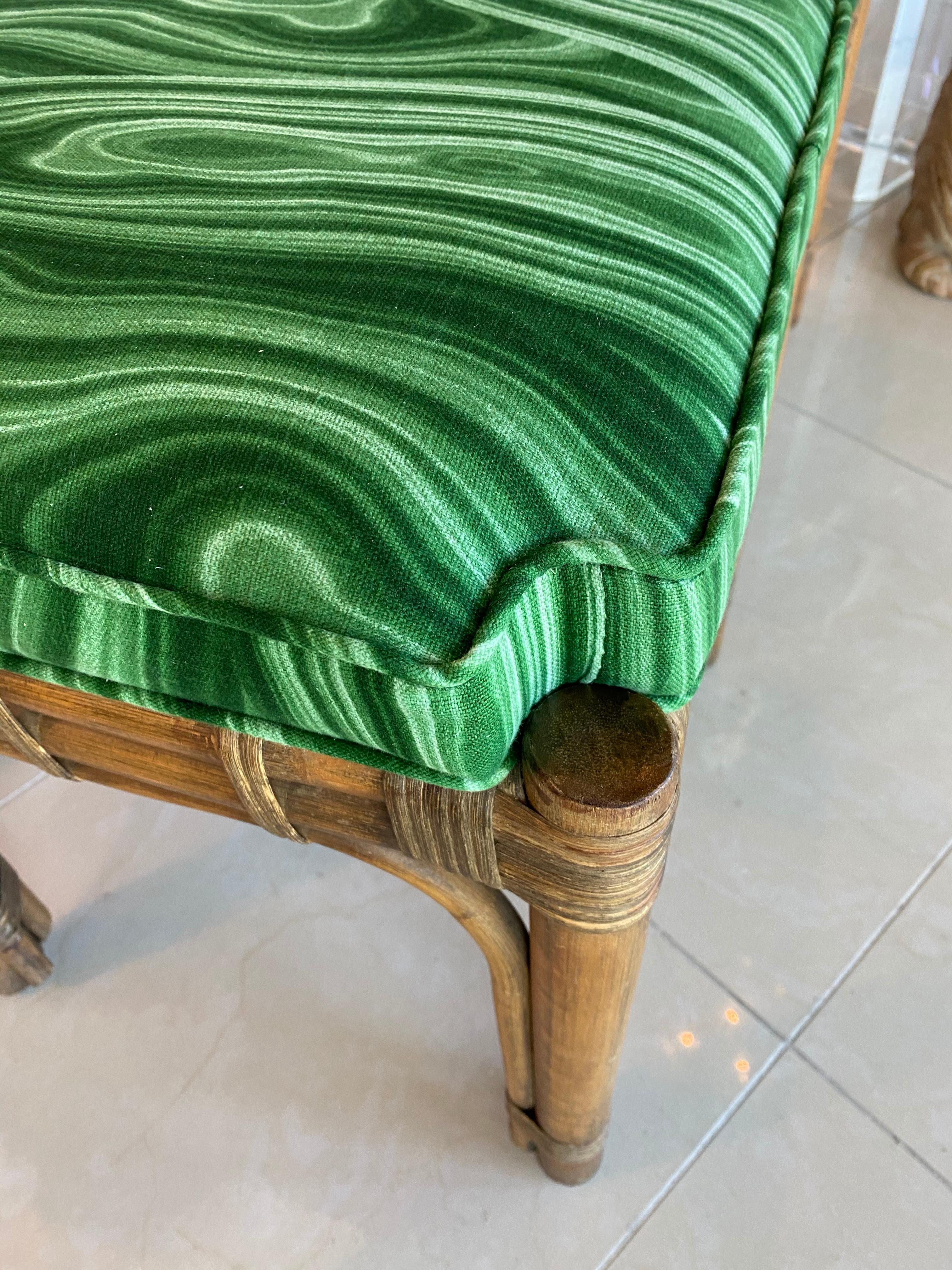 Upholstery Vintage Pair of Rattan Malachite Newly Upholstered Benches Stools