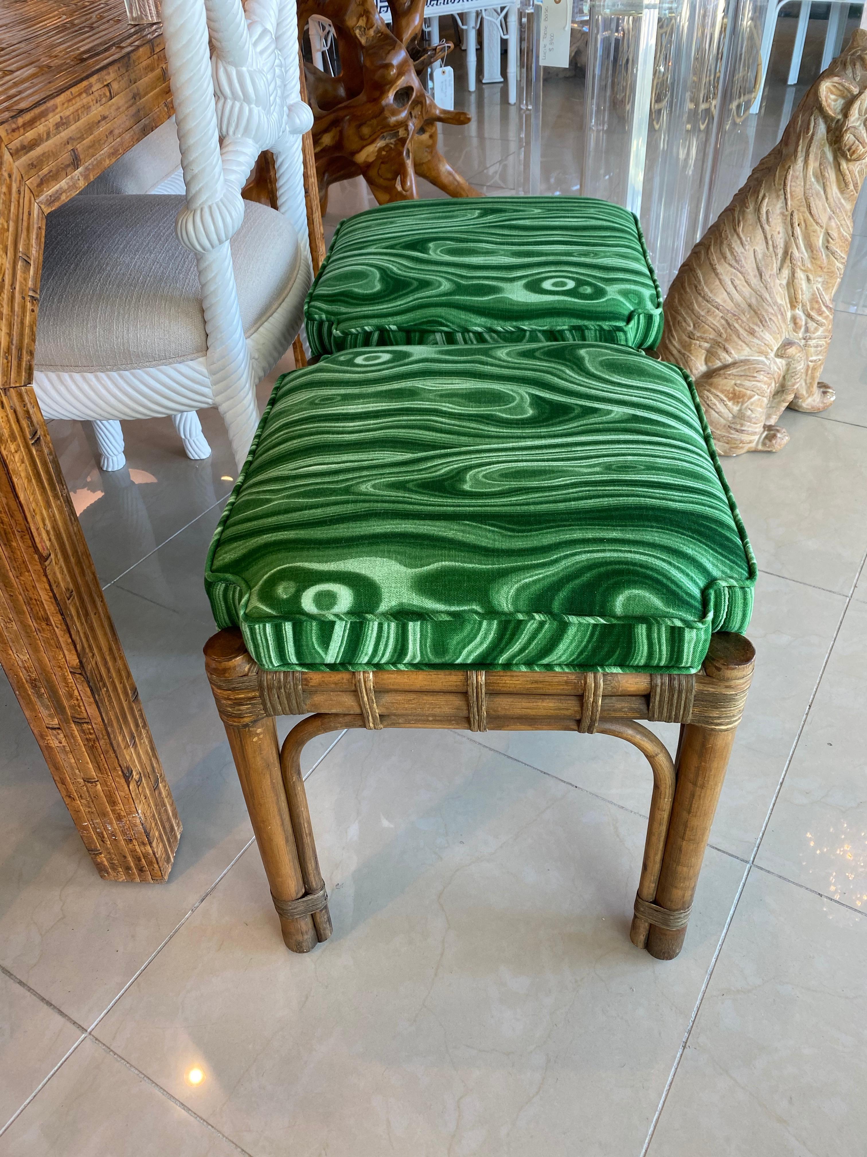 Vintage Pair of Rattan Malachite Newly Upholstered Benches Stools 1