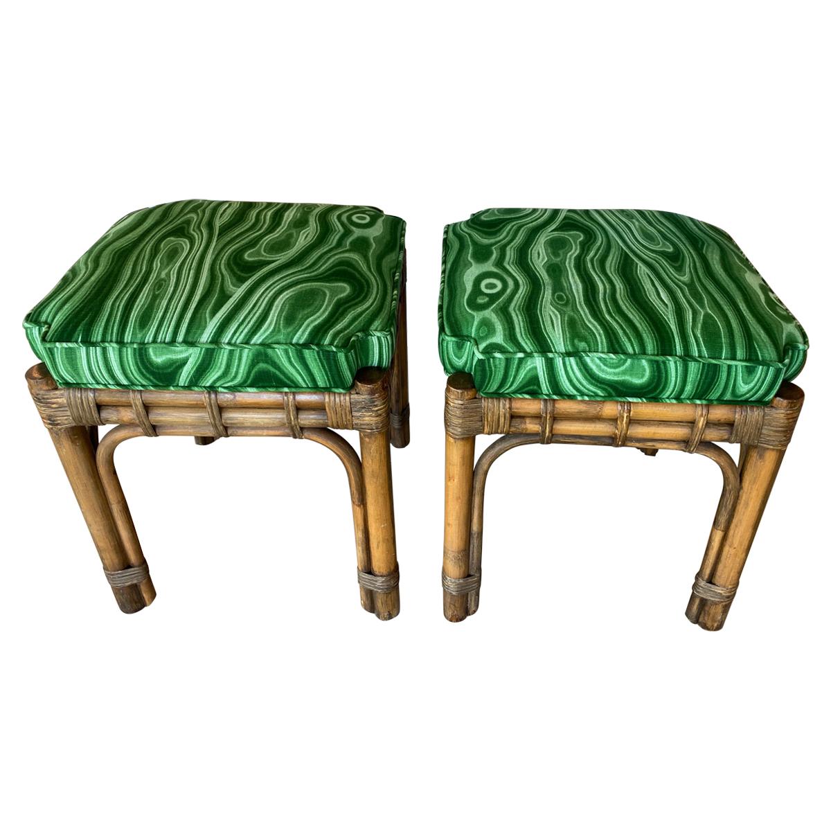 Vintage Pair of Rattan Malachite Newly Upholstered Benches Stools