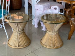 Vintage Pair of Rattan Side End Drink Table Glass Tops