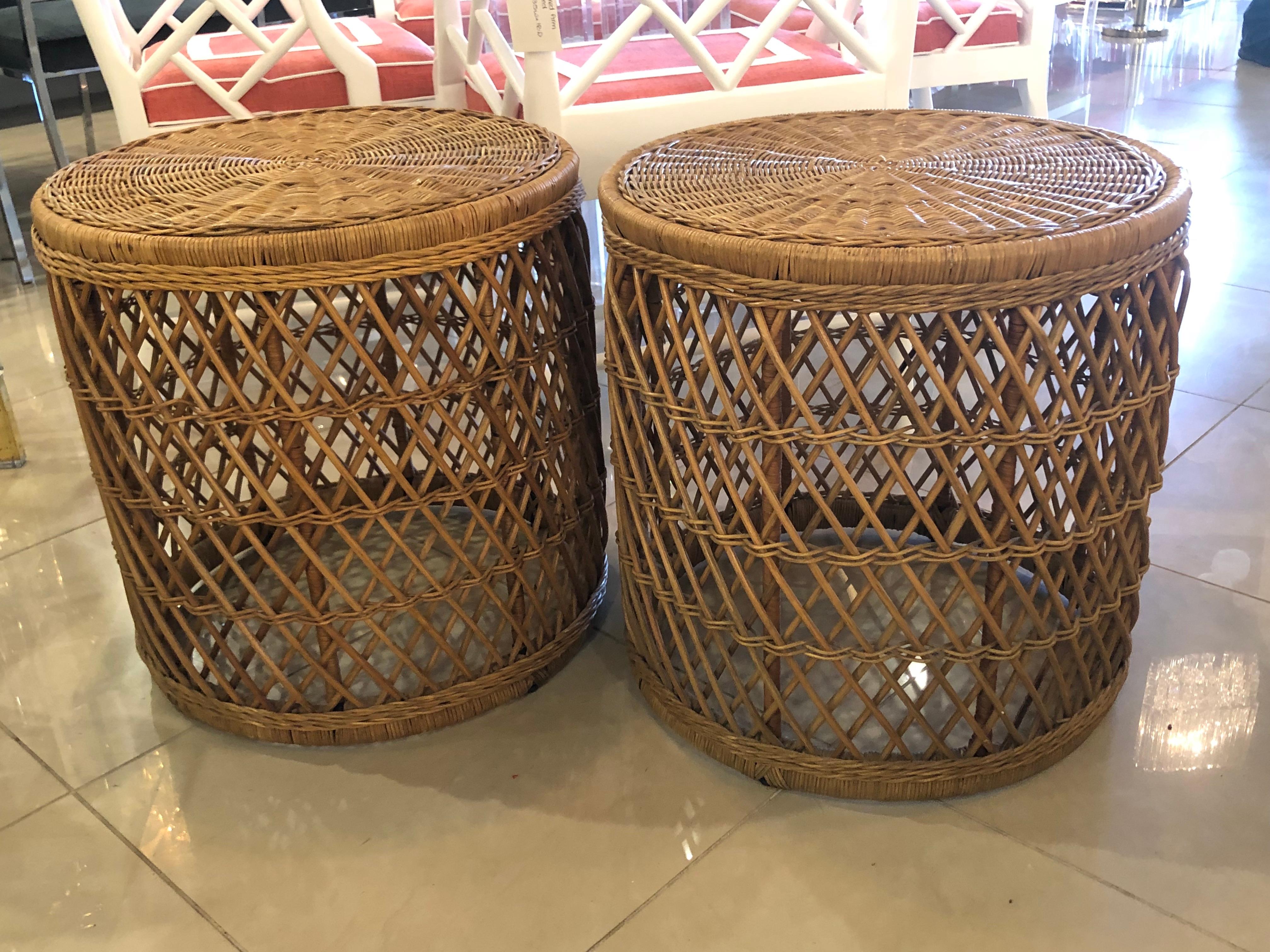 Vintage Pair of Rattan Wicker Drum Stools Ottomans End Side Tables 1
