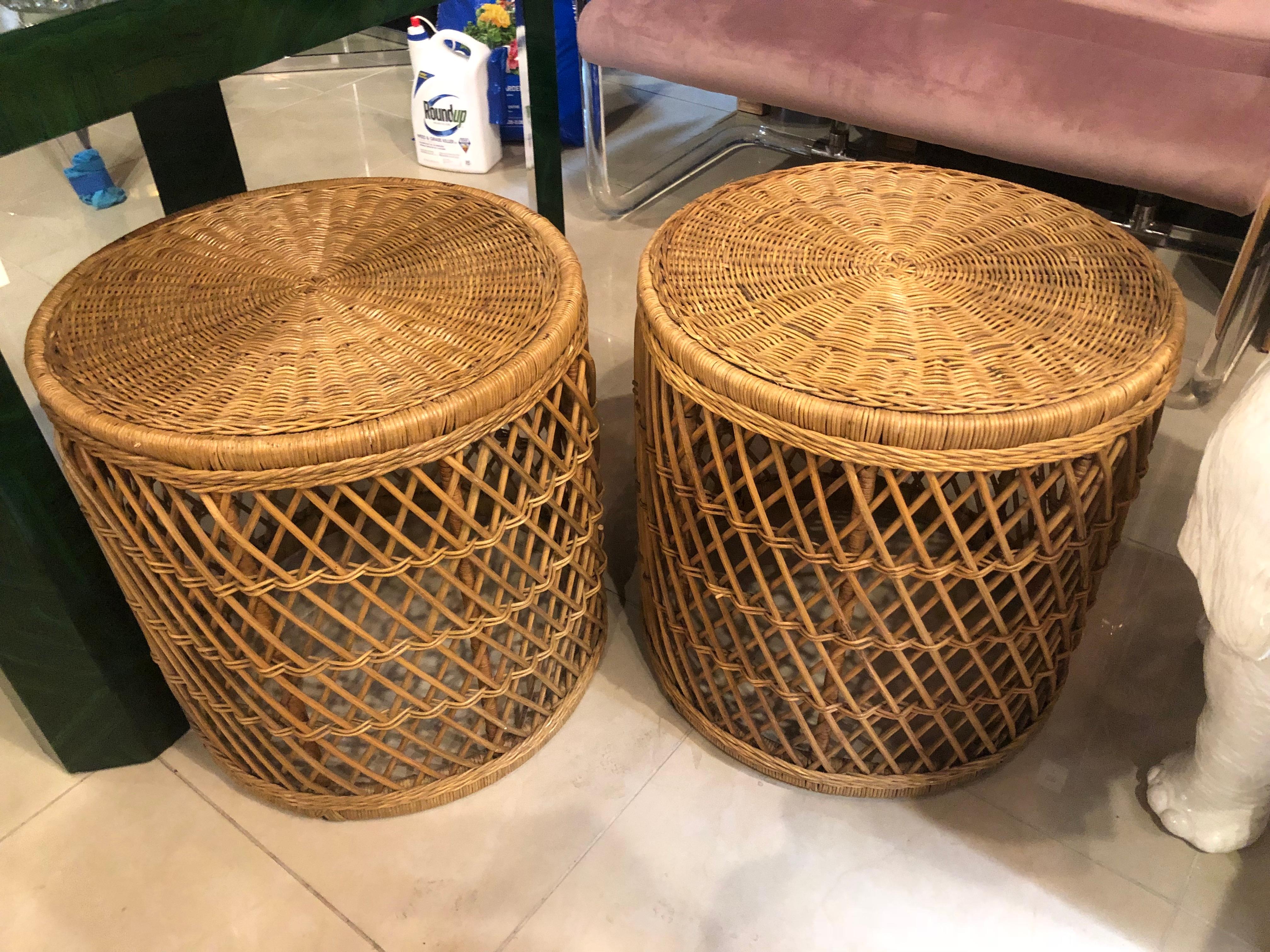 Vintage pair of wicker and rattan drum stools or end side tables. You can add glass to top for tables, use as is for stools or add cushions if you like.