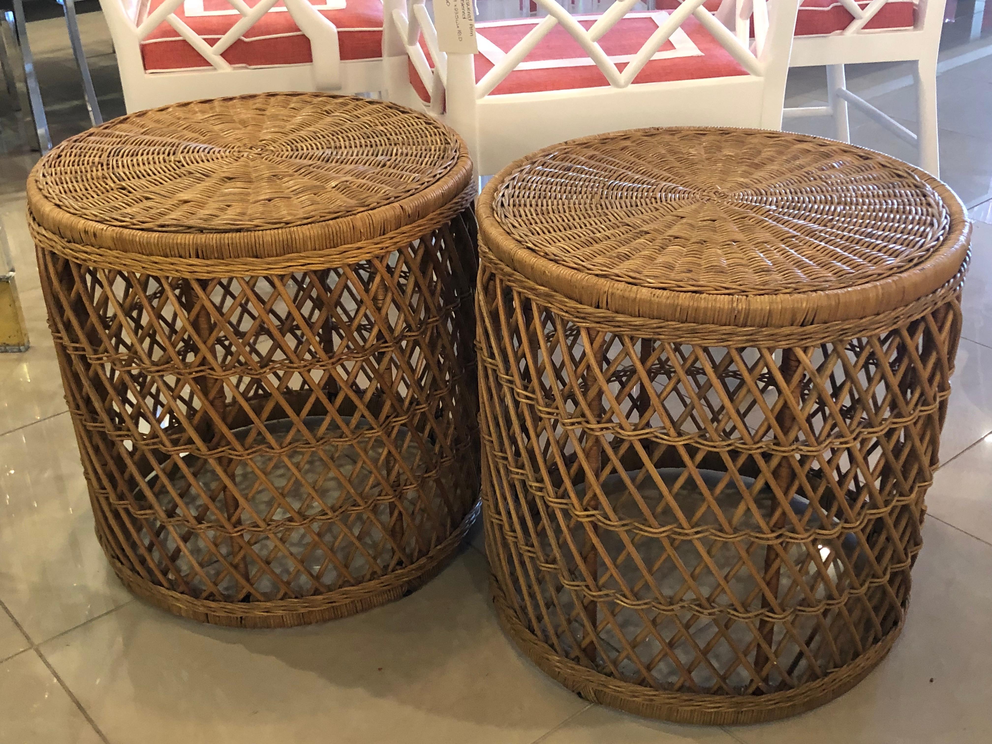 Vintage Pair of Rattan Wicker Drum Stools Ottomans End Side Tables In Good Condition In West Palm Beach, FL