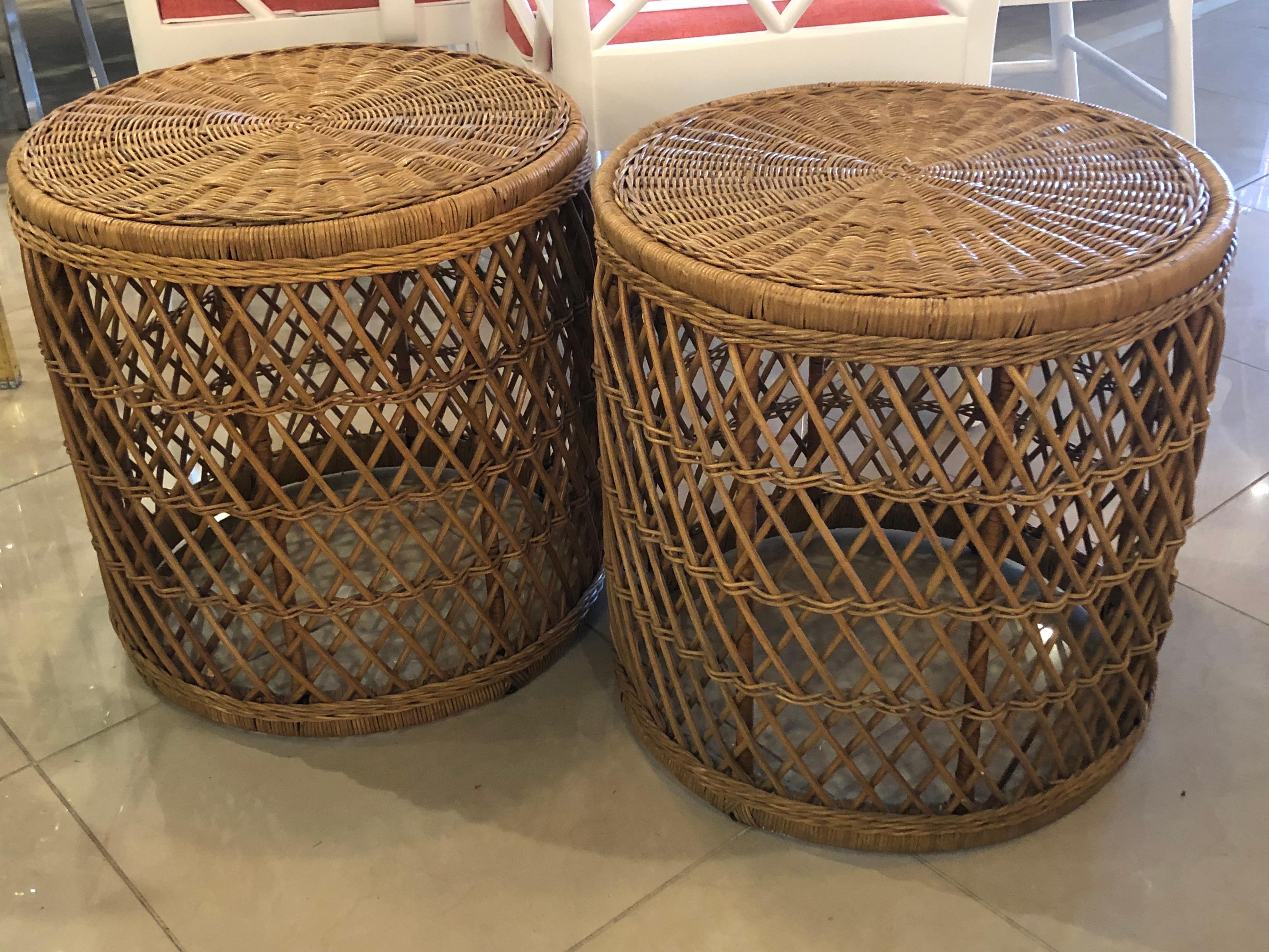 Late 20th Century Vintage Pair of Rattan Wicker Drum Stools Ottomans End Side Tables