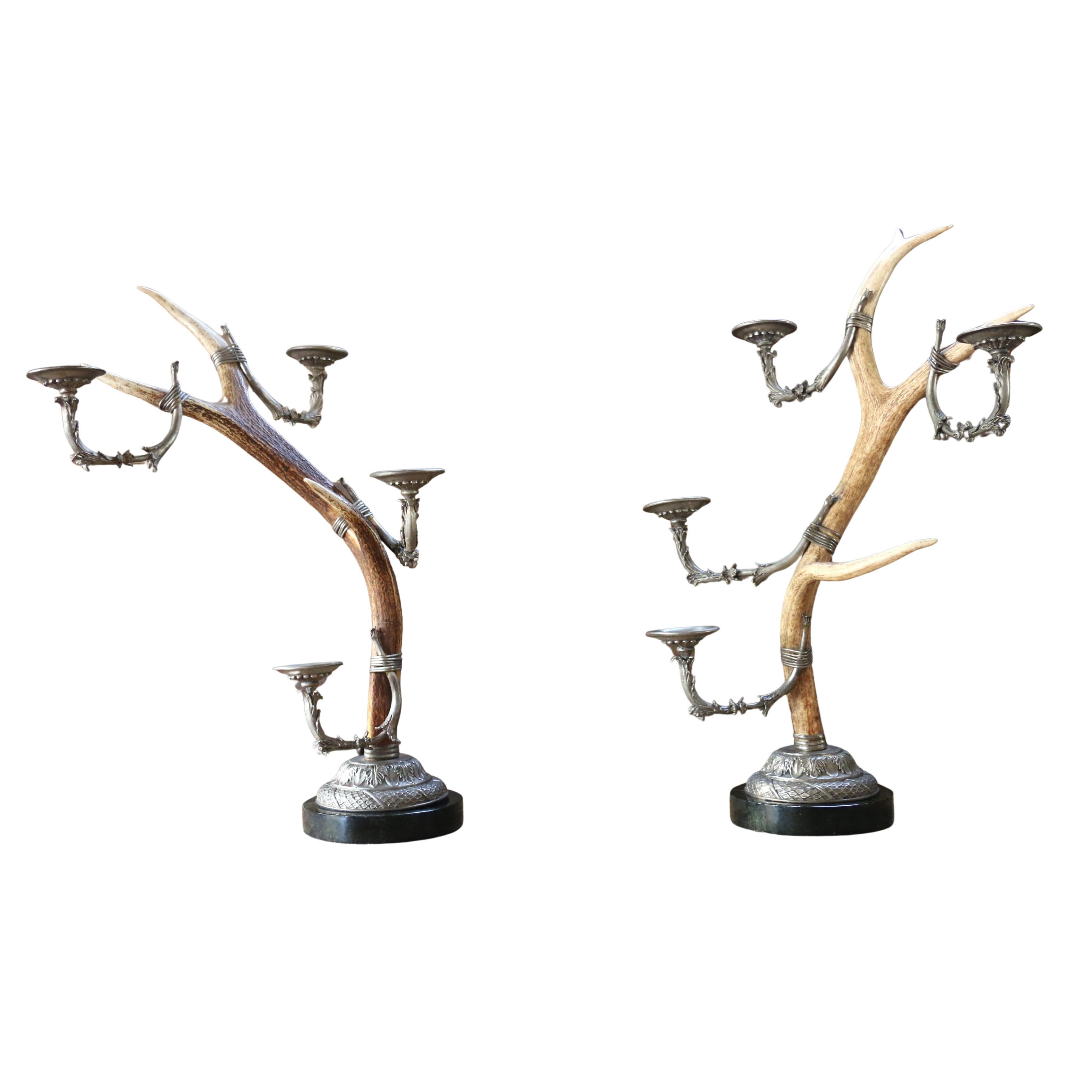 Vintage Pair of Real Antler Candle Holders