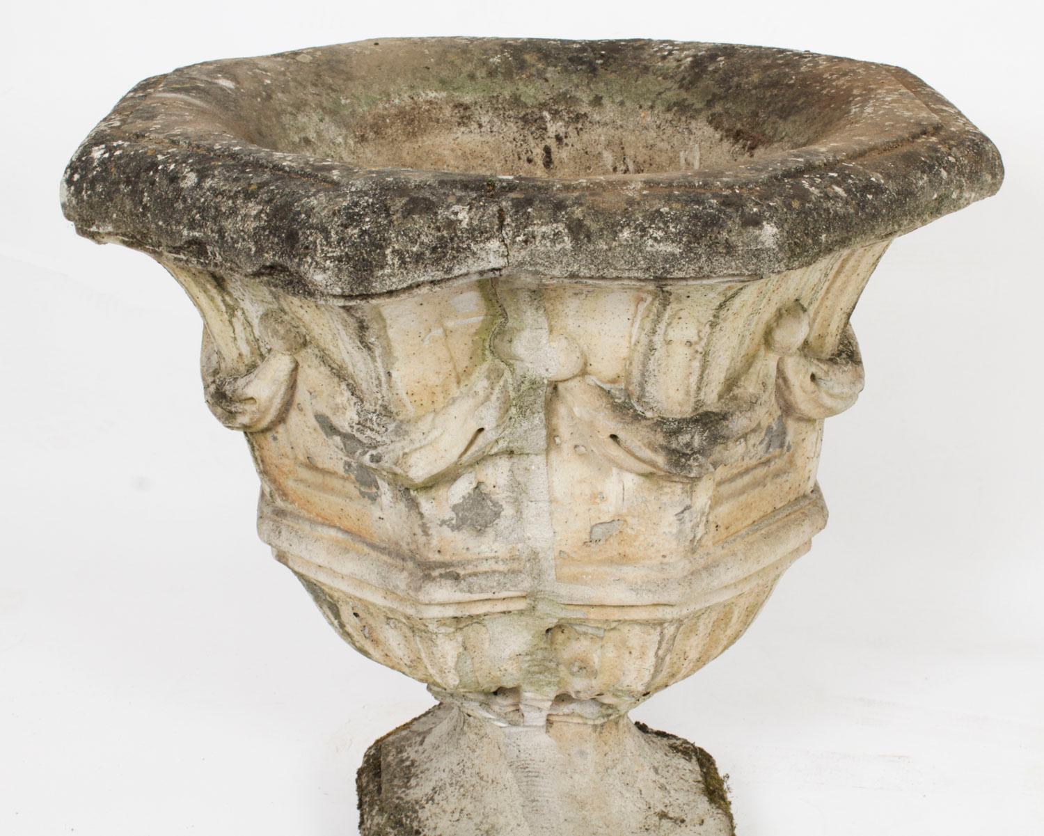 Vintage Pair of Reclaimed Weathered Composition Garden Urns 20th C For Sale 5