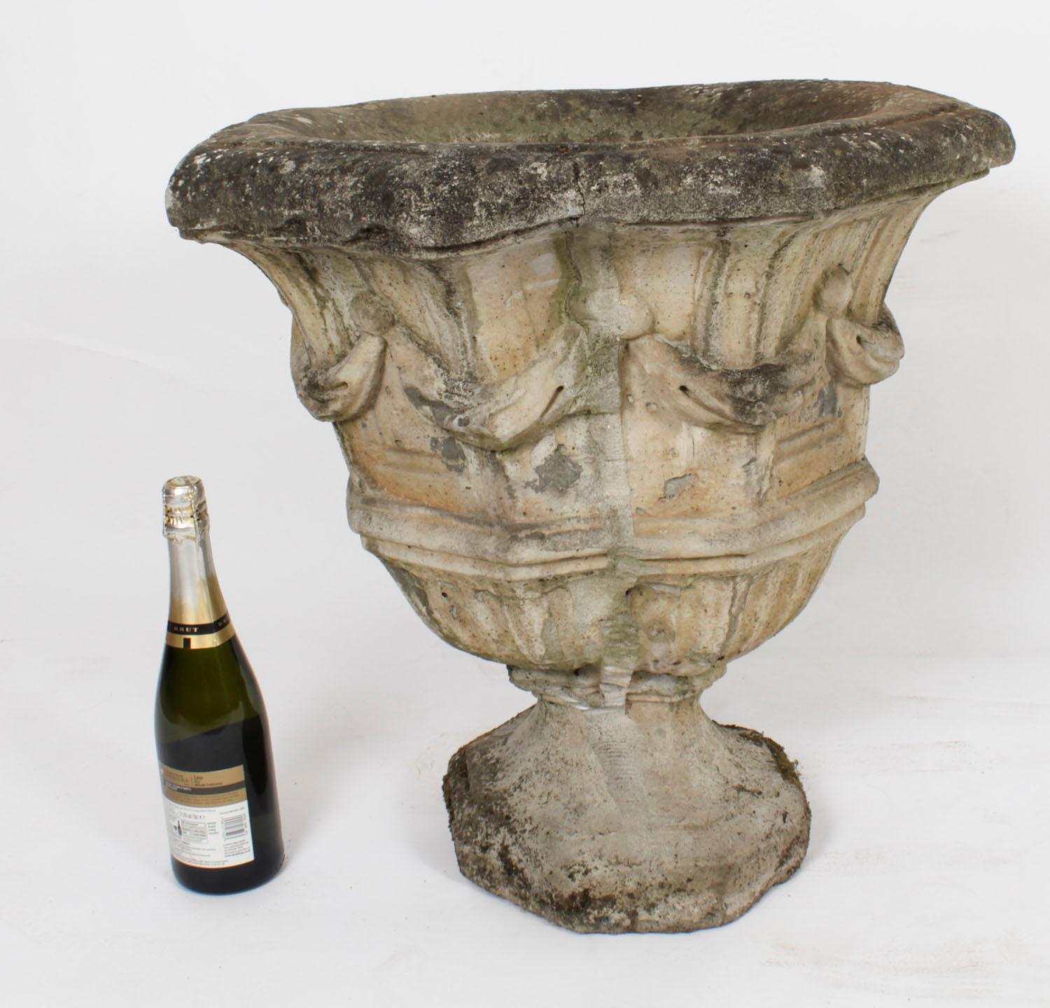 Vintage Pair of Reclaimed Weathered Composition Garden Urns 20th C For Sale 8