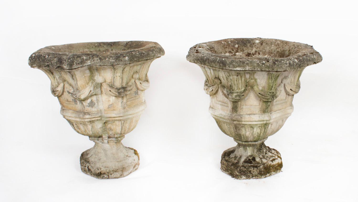 Vintage Pair of Reclaimed Weathered Composition Garden Urns 20th C For Sale 9
