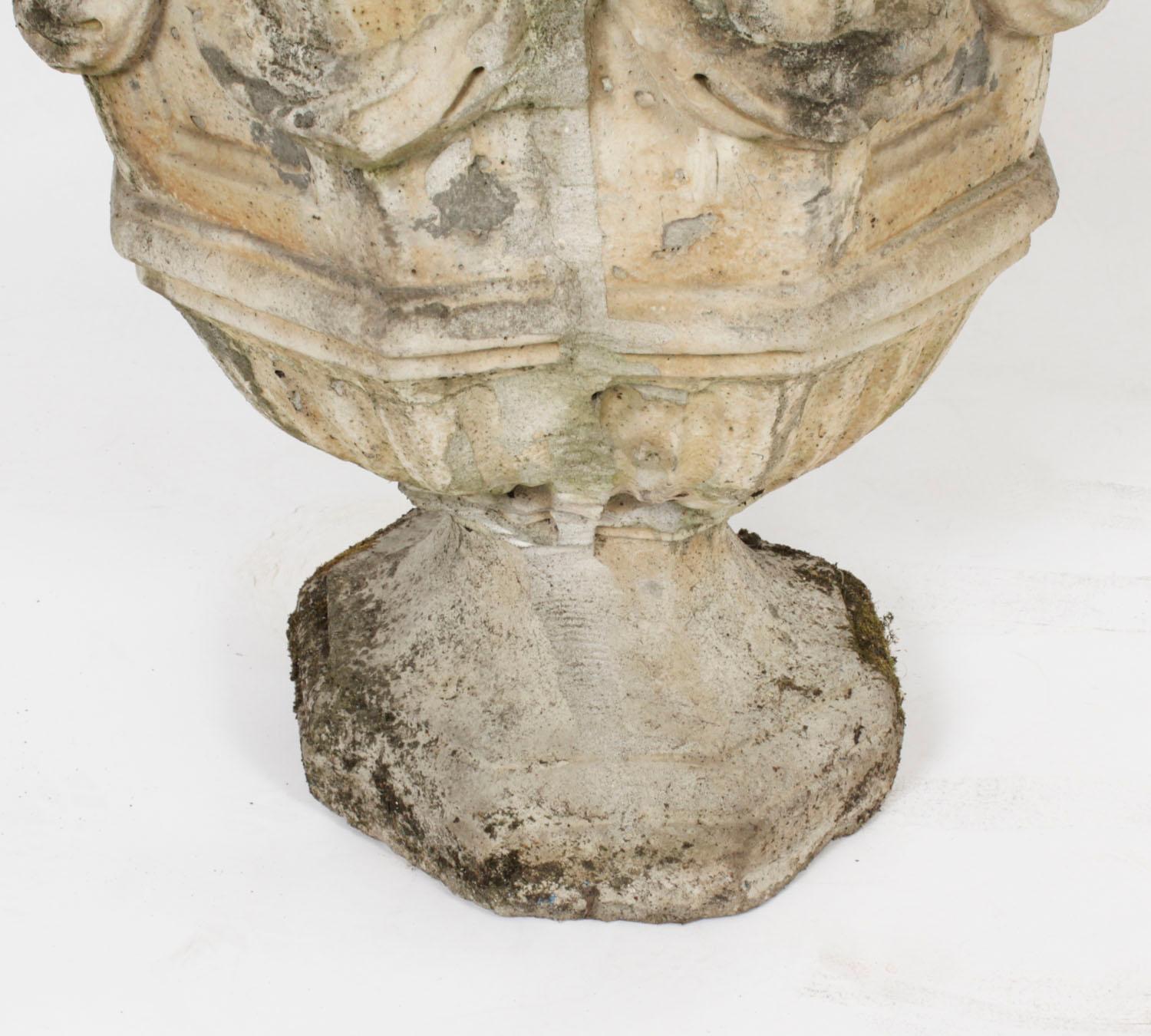 Vintage Pair of Reclaimed Weathered Composition Garden Urns 20th C In Good Condition For Sale In London, GB