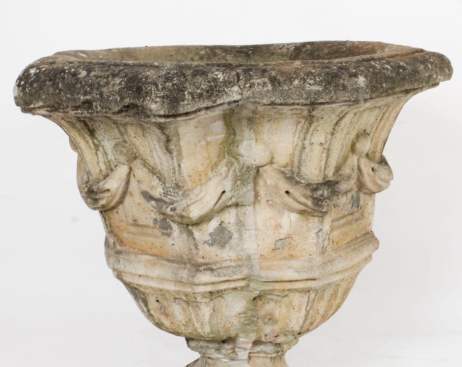 Vintage Pair of Reclaimed Weathered Composition Garden Urns 20th C For Sale 1