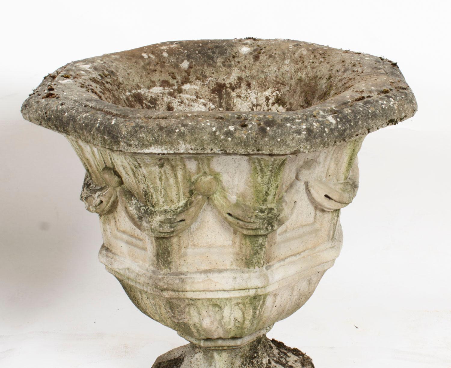 Vintage Pair of Reclaimed Weathered Composition Garden Urns 20th C For Sale 2