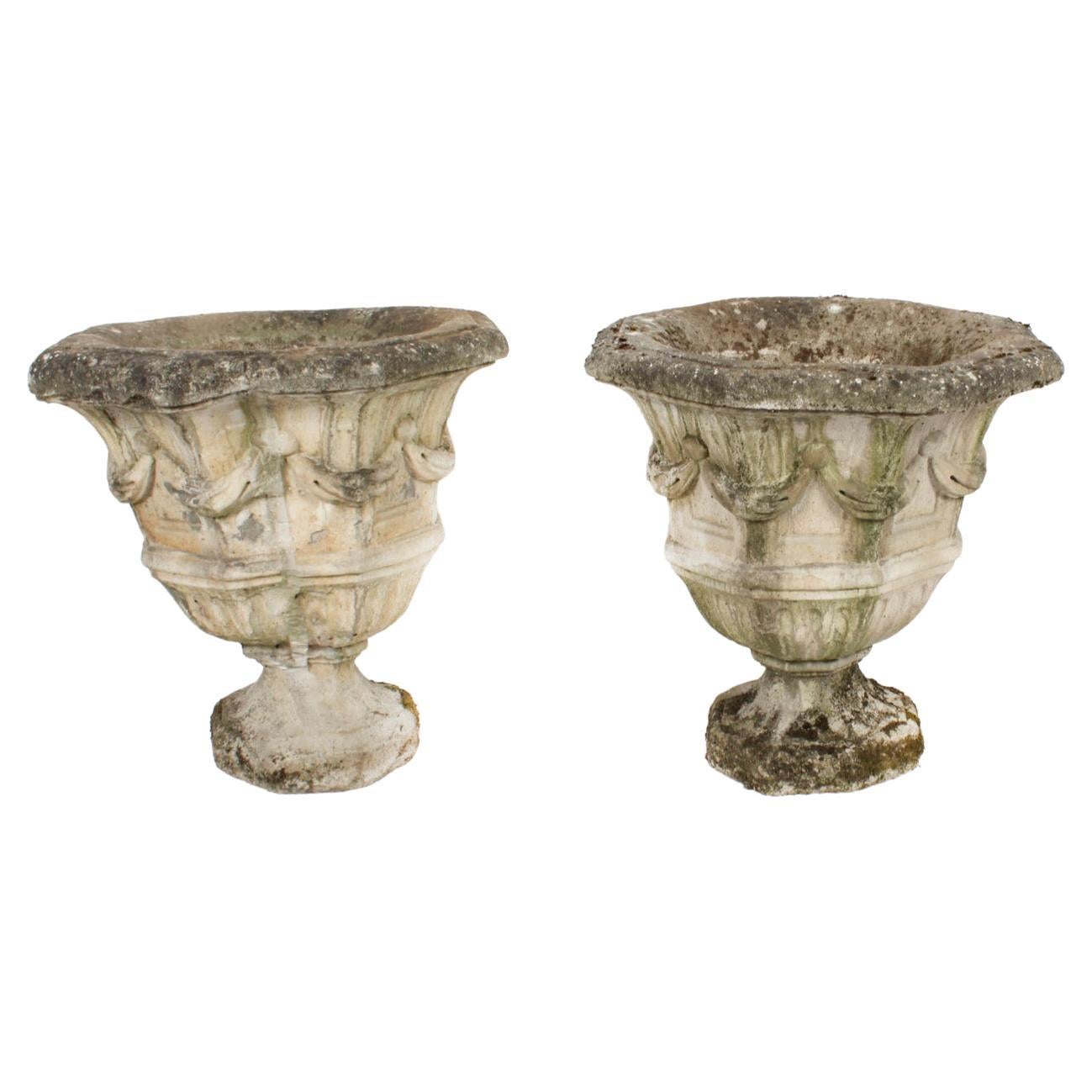 Vintage Pair of Reclaimed Weathered Composition Garden Urns 20th C For Sale