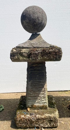 Vintage Pair of Reclaimed Weathered Composition Stone Ball Pier Caps 20th C