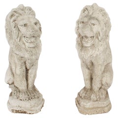 Vintage Pair of Reclaimed Weathered Composition Stone Lions 20th C