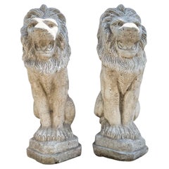 Vintage Pair of Reclaimed Weathered Composition Stone Lions 20th C