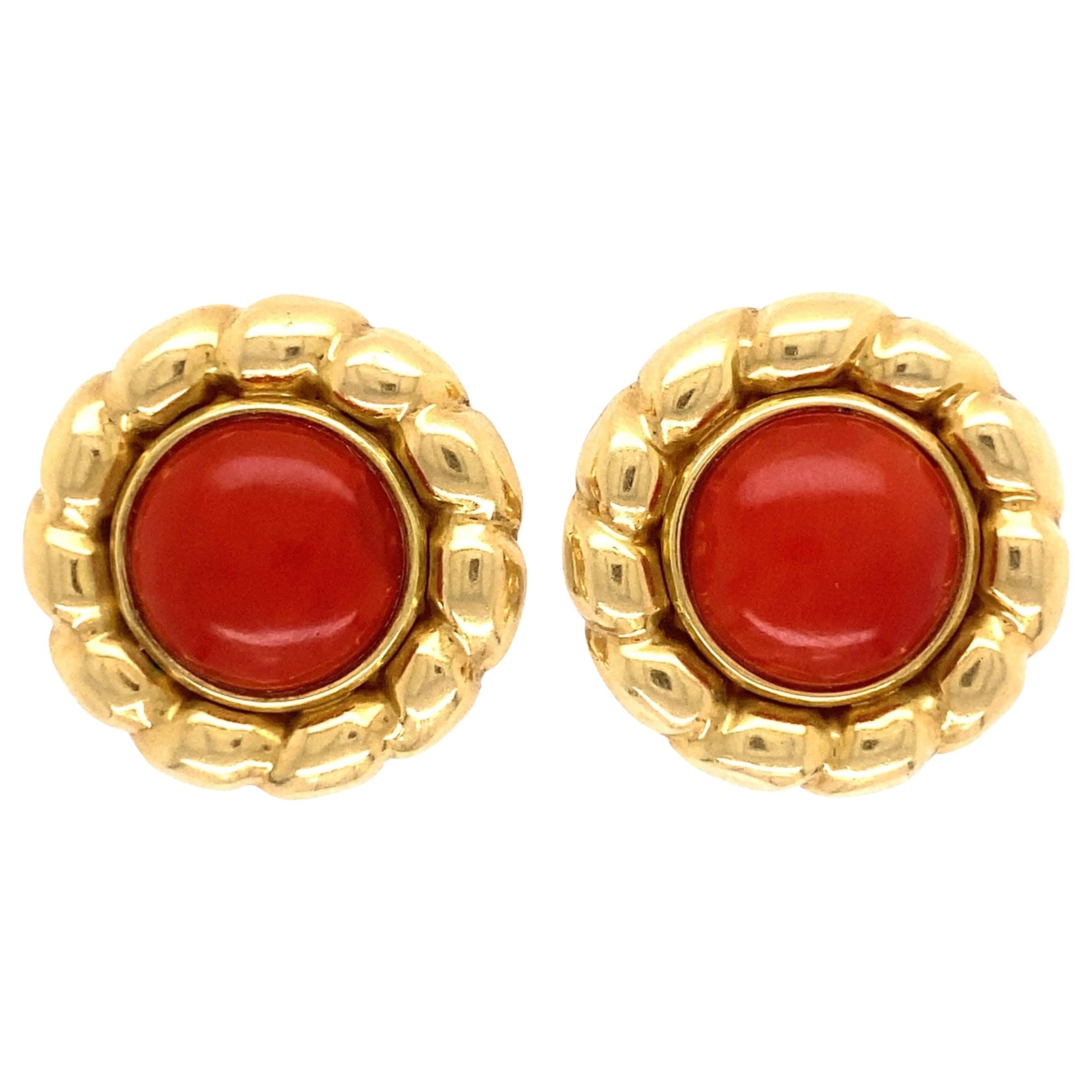Vintage Pair of Red Coral Gold Button French Clip Earrings Estate Fine Jewelry For Sale