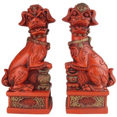 Vintage Pair of Red Lacquer Foo Dogs