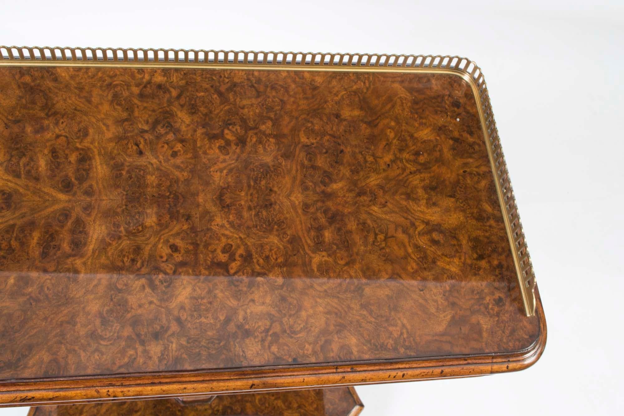 Brass Vintage Pair of Regency Revival Burr Walnut Occasional Tables For Sale
