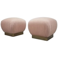 Vintage Pair of Regency Style Brass Plinth Base Poufs or Ottomans