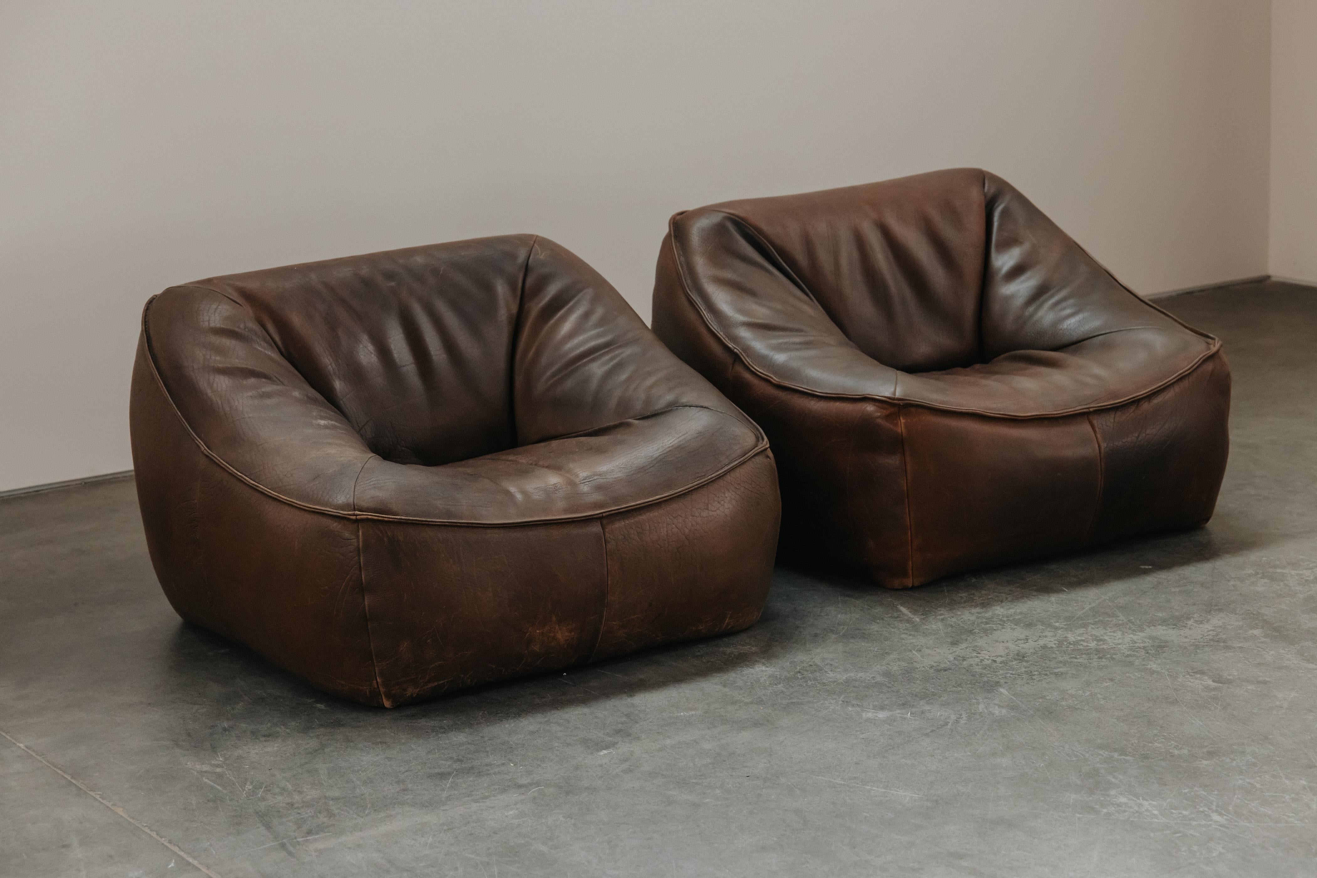 Vintage Pair Of Ringo Chairs By Gerard Van Den Berg, Netherlands, Circa 1970.  Original brown leather upholstery with great patina and use.