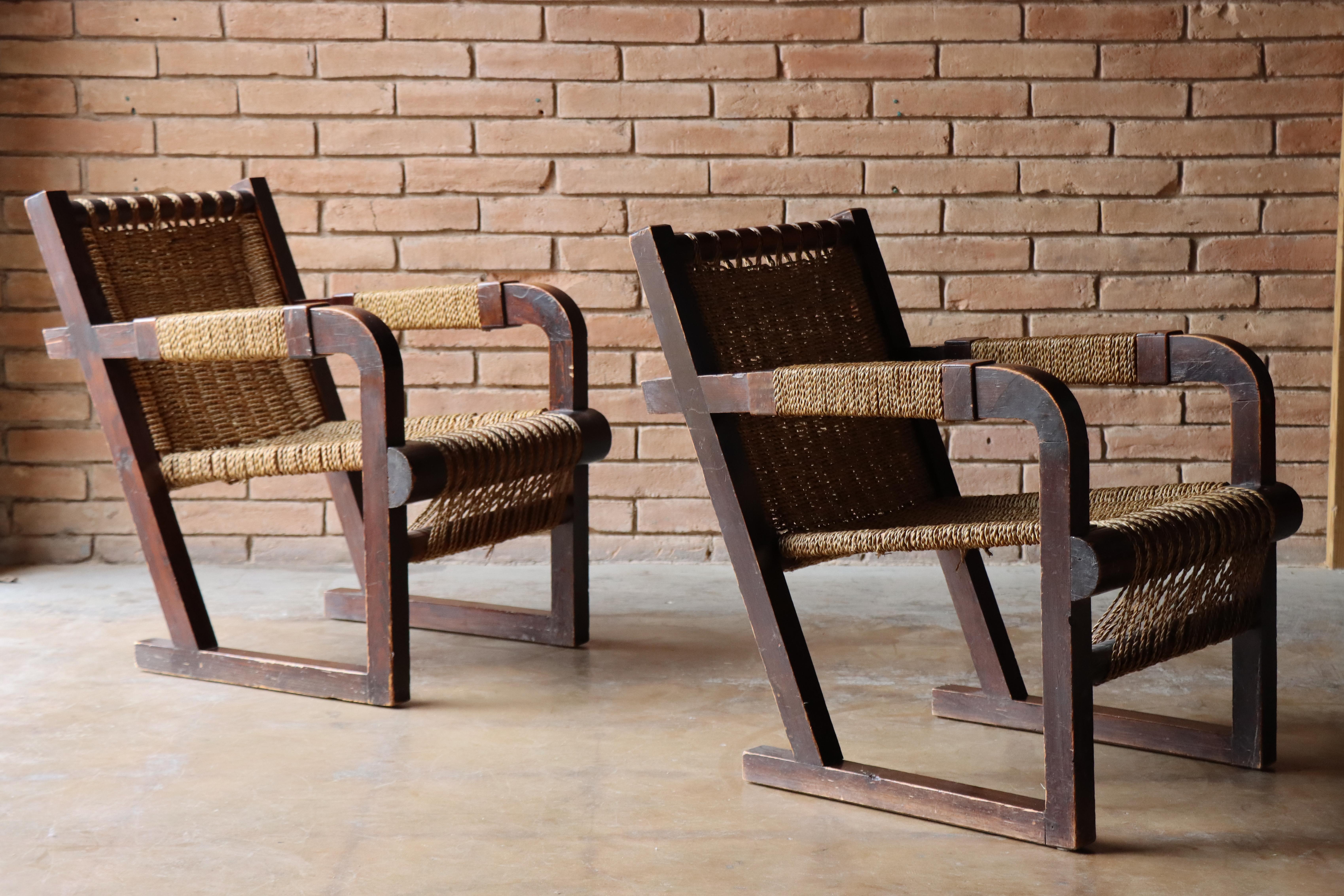 Mid-Century Modern Paire de chaises en corde Attr à Francis Jourdain, 1950 en vente