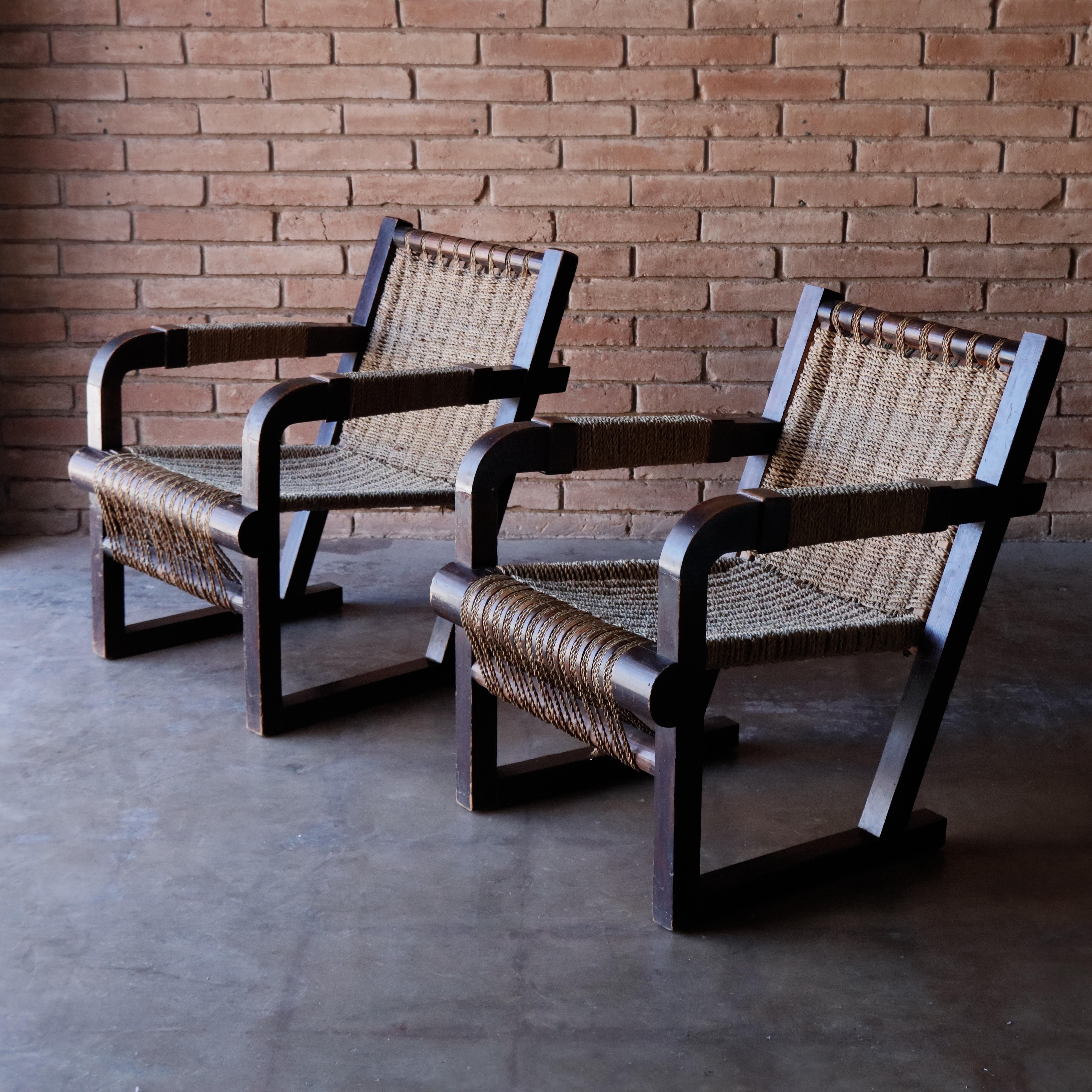 Paire de chaises en corde Attr à Francis Jourdain, 1950 Bon état - En vente à Round Rock, TX
