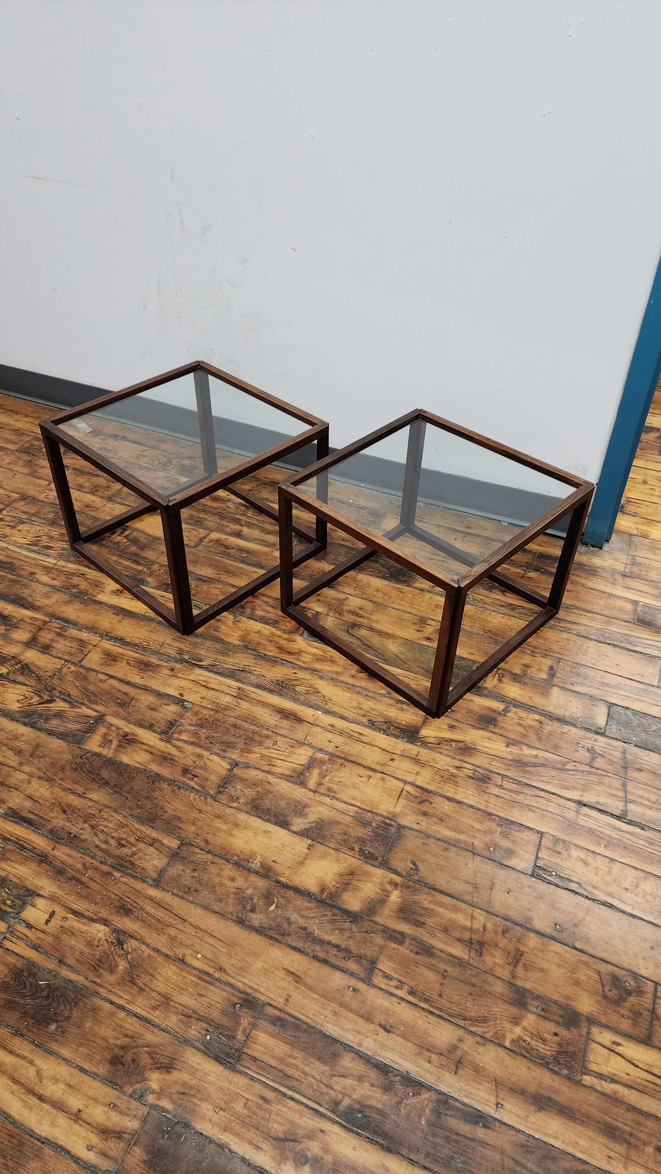 beautiful pair or rosewood framed glass top cube side tables.  rosewood is in beautiful condition.  