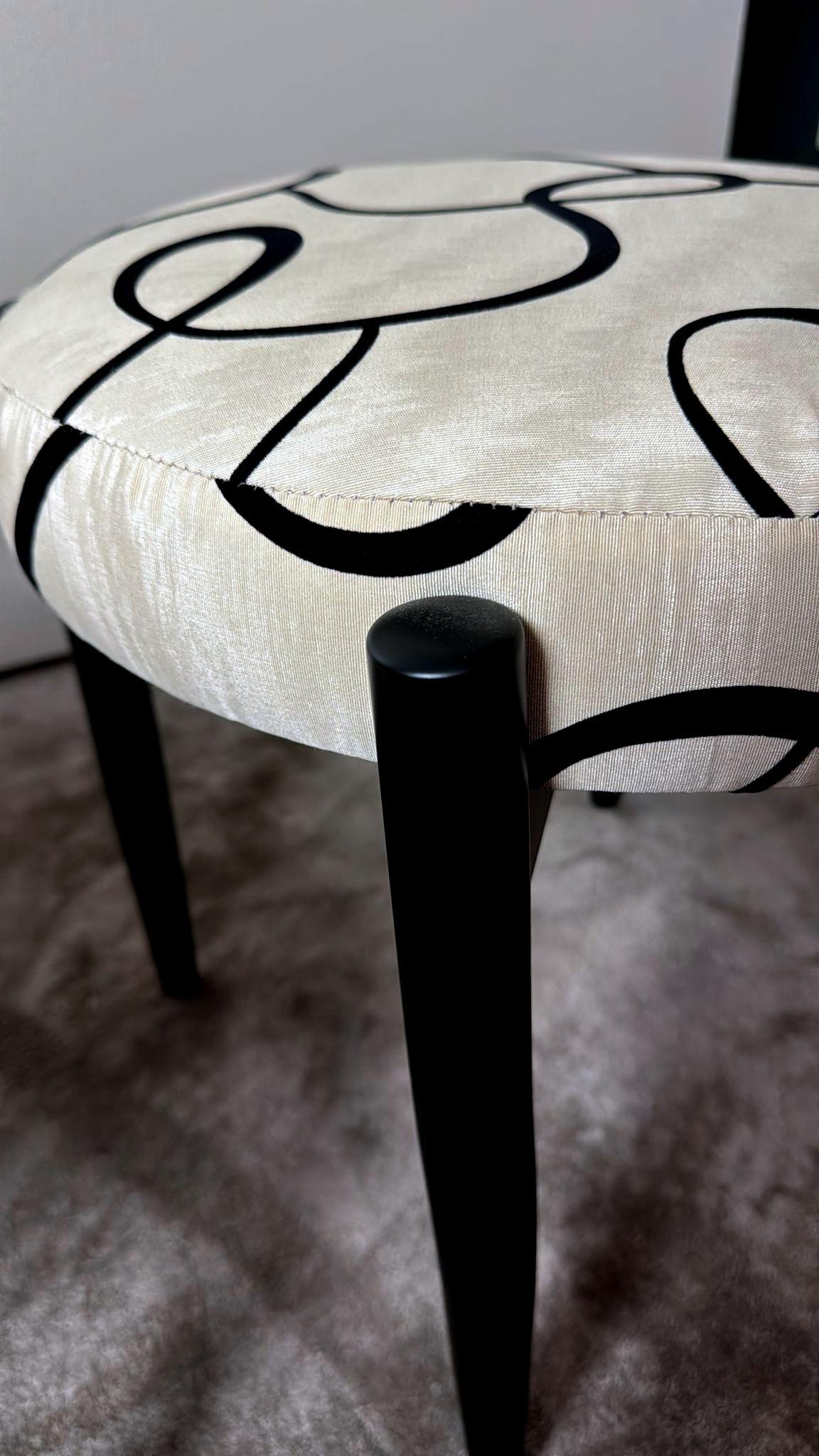 Vintage Pair of Round Italian Stools in Ebonized Wood and Dedar Fabric For Sale 7