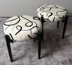 Vintage Pair of Round Italian Stools in Ebonized Wood and Dedar Fabric